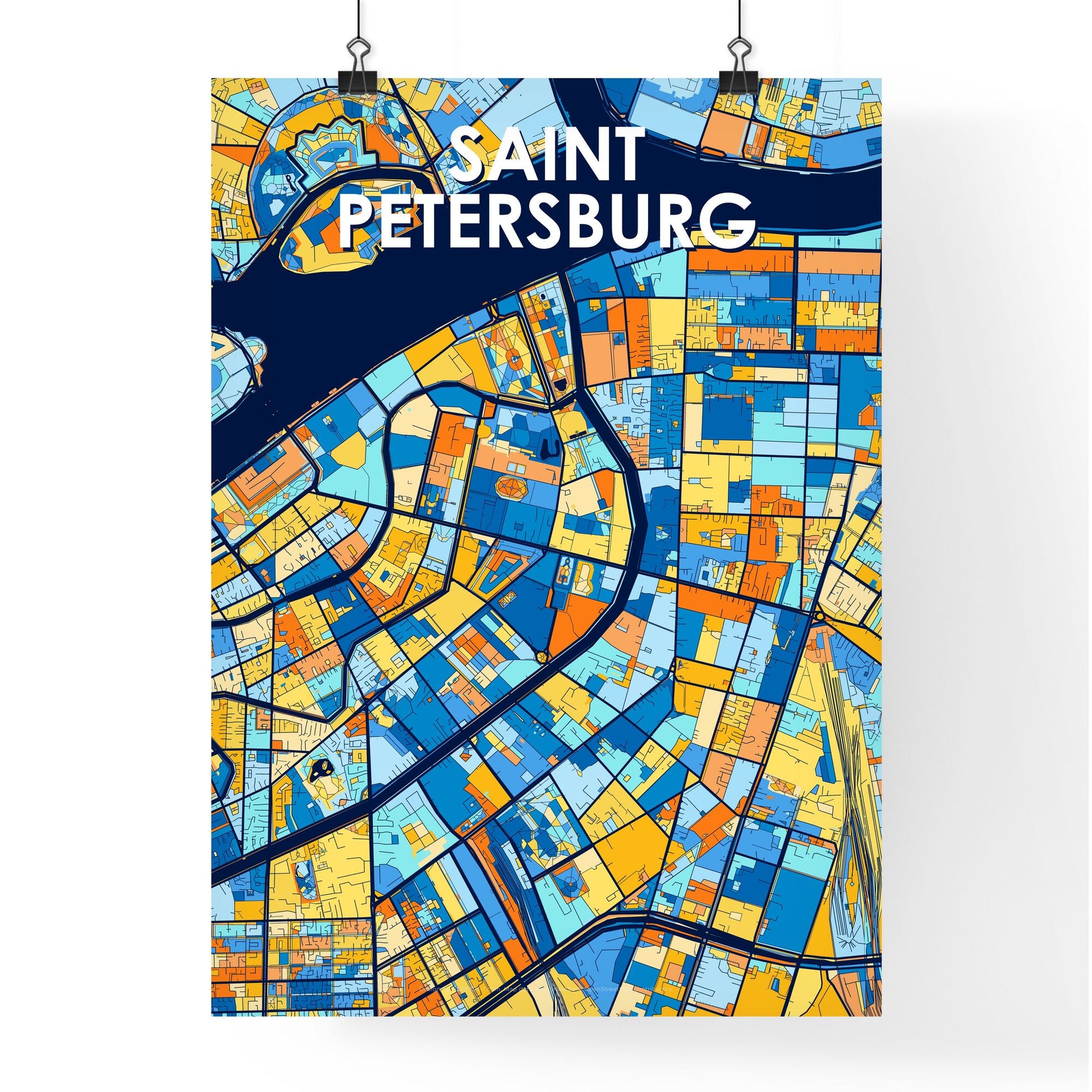 SAINT PETERSBURG RUSSIA Vibrant Colorful Art Map Poster Blue Orange