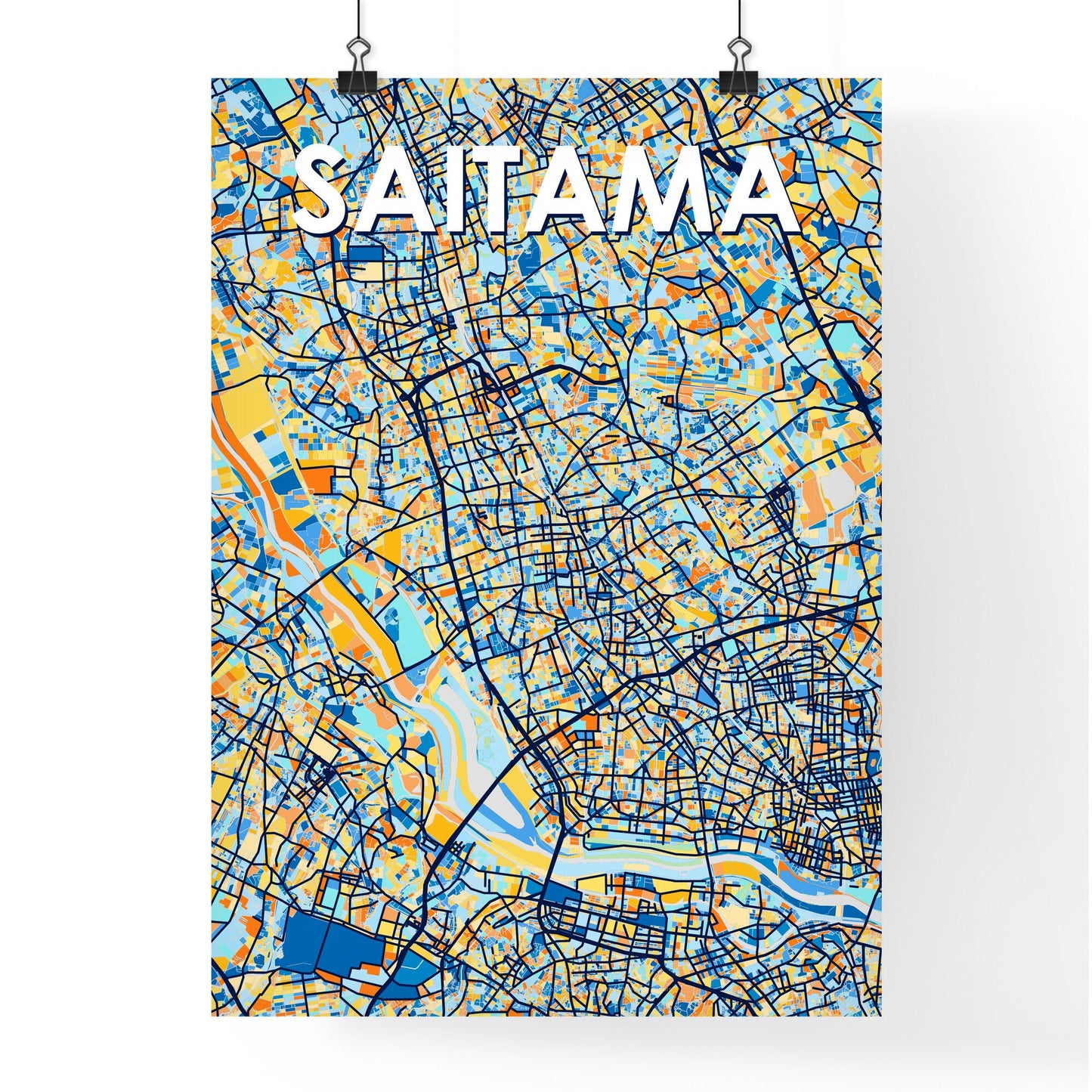 SAITAMA JAPAN Vibrant Colorful Art Map Poster Blue Orange