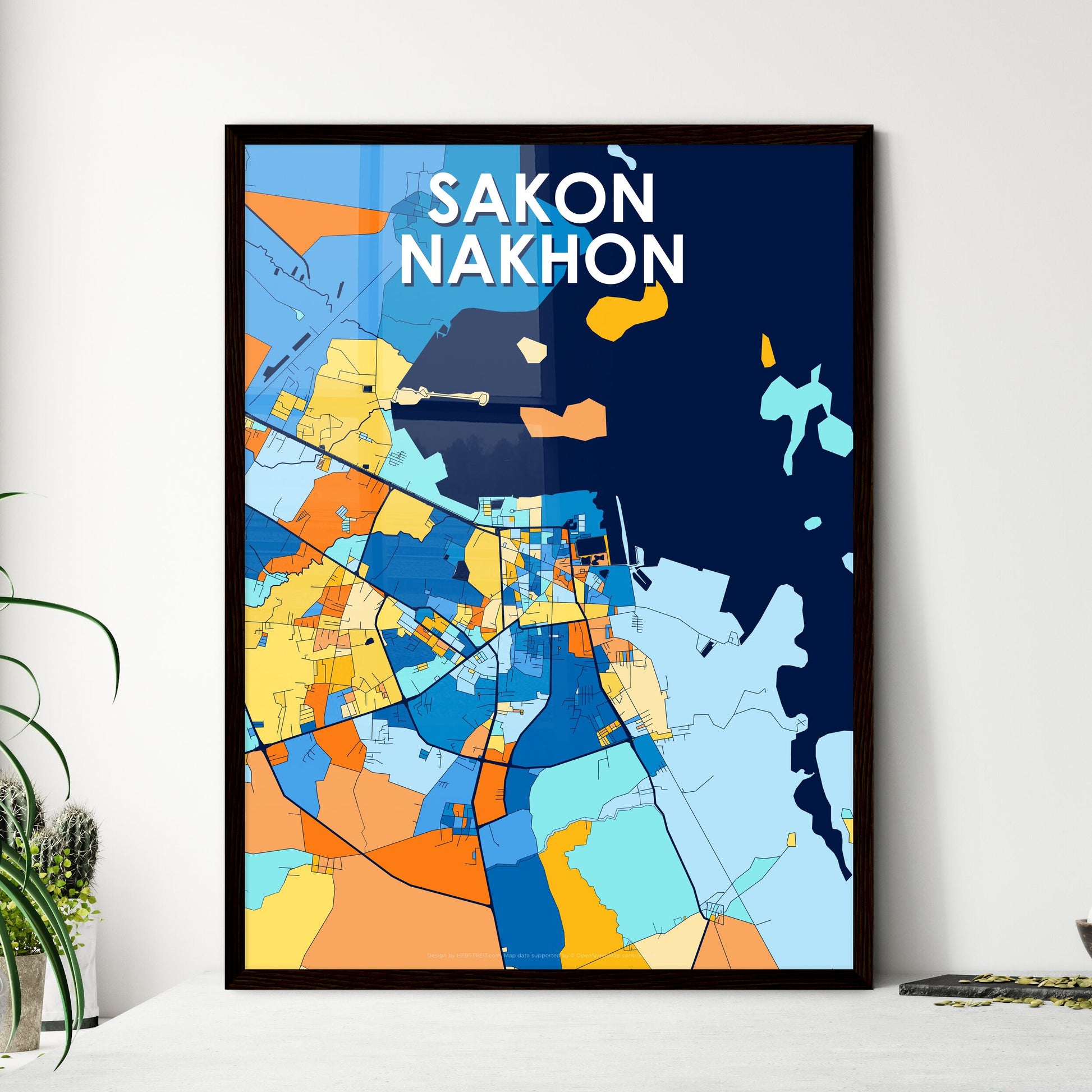 SAKON NAKHON THAILAND Vibrant Colorful Art Map Poster Blue Orange