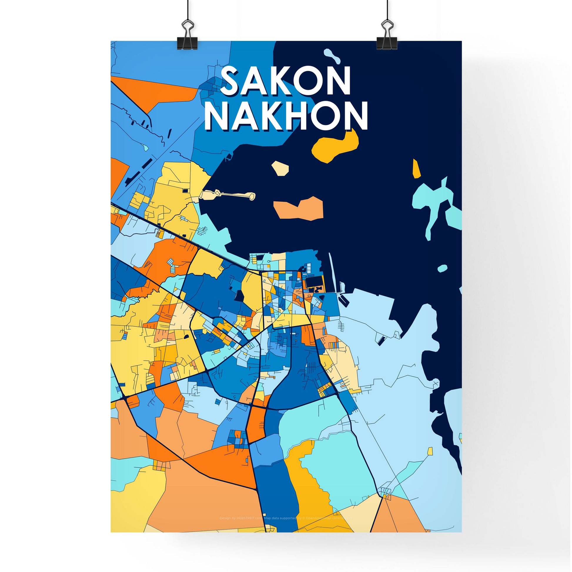 SAKON NAKHON THAILAND Vibrant Colorful Art Map Poster Blue Orange