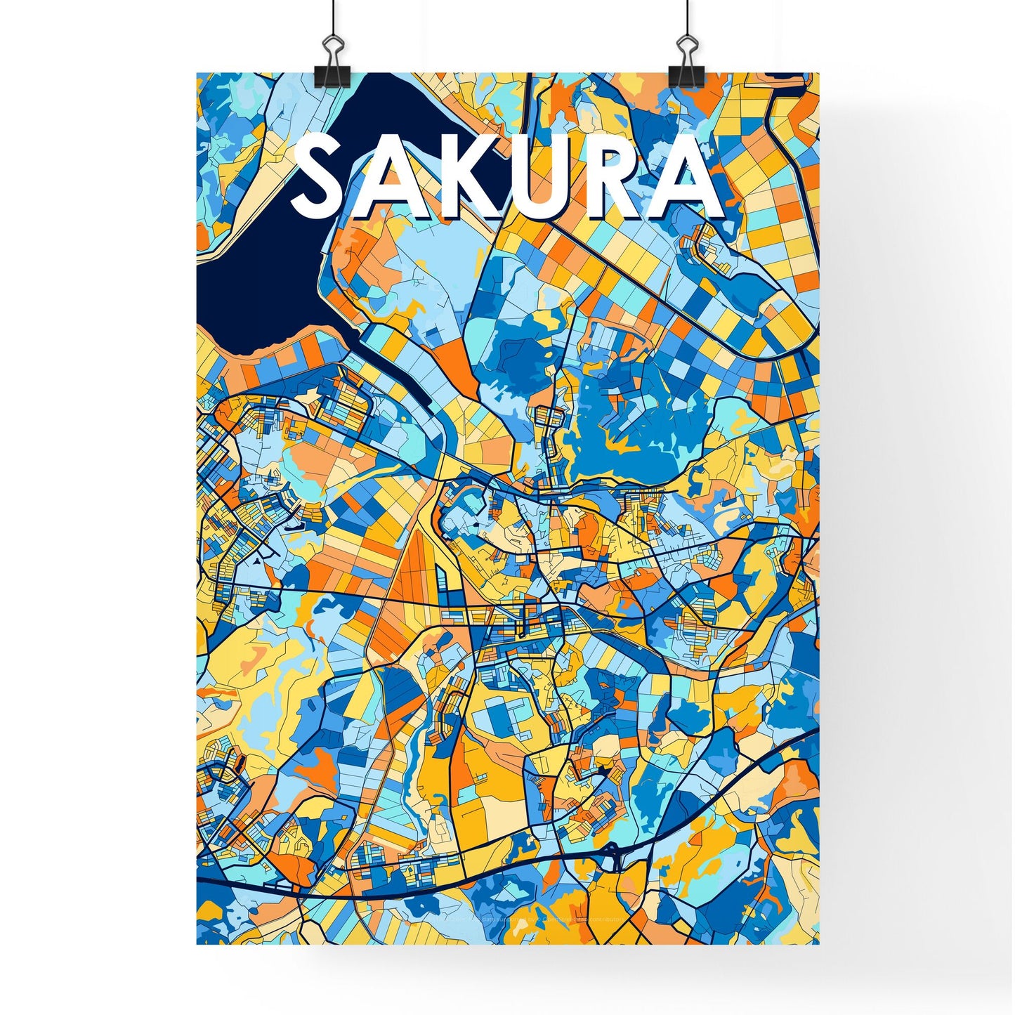 SAKURA JAPAN Vibrant Colorful Art Map Poster Blue Orange