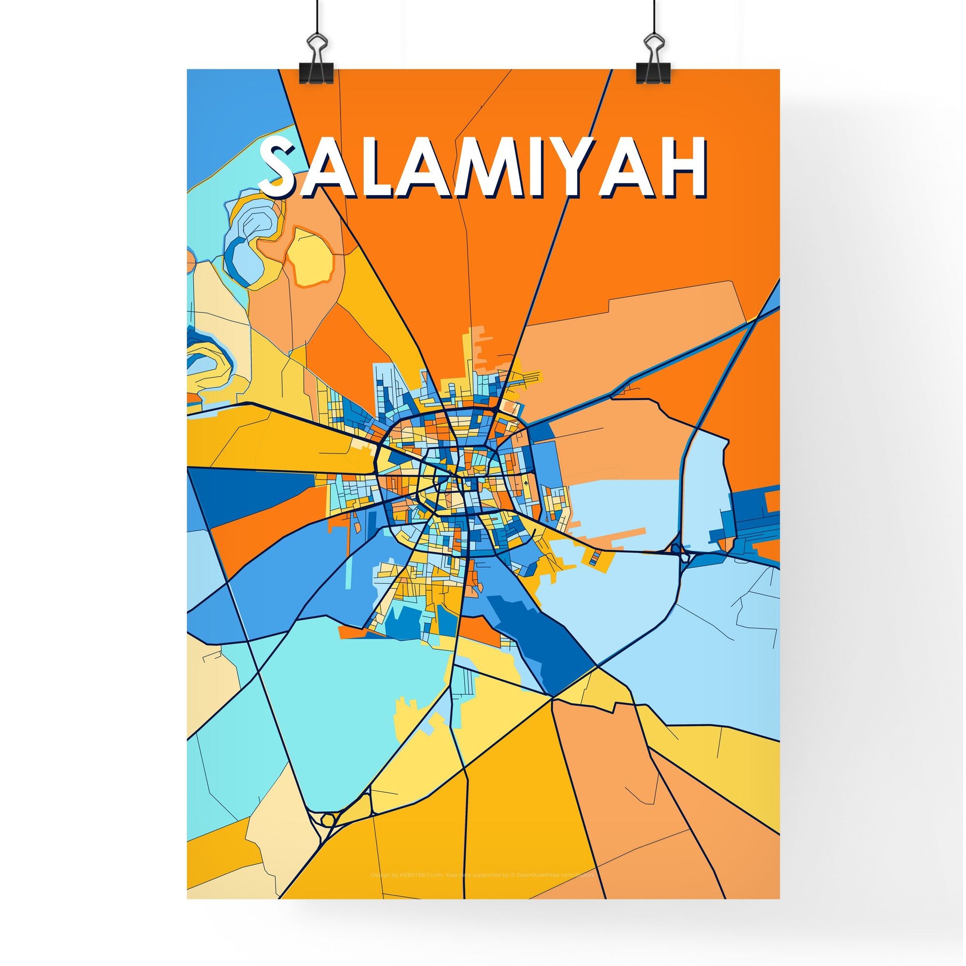 SALAMIYAH SYRIA Vibrant Colorful Art Map Poster Blue Orange