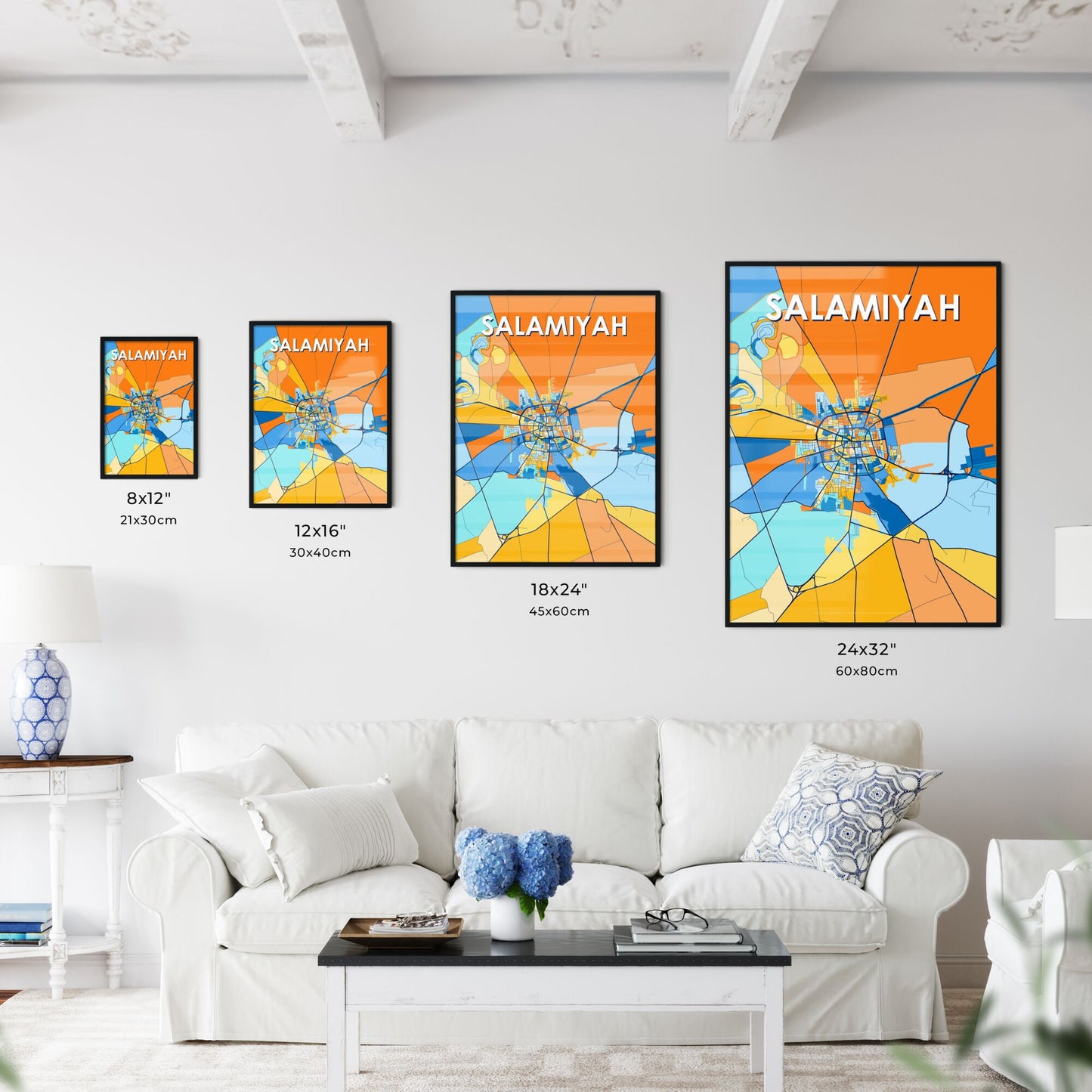 SALAMIYAH SYRIA Vibrant Colorful Art Map Poster Blue Orange