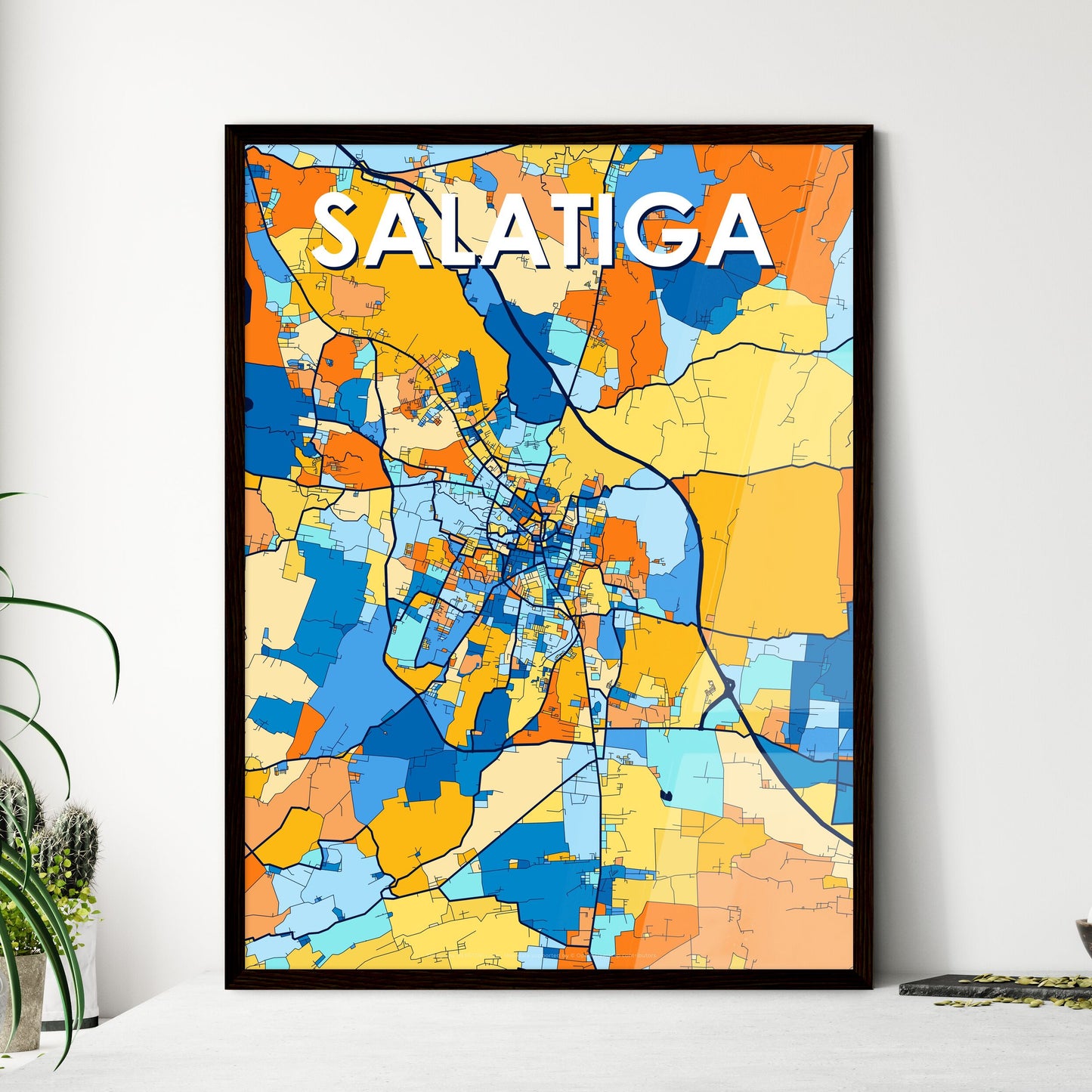 SALATIGA INDONESIA Vibrant Colorful Art Map Poster Blue Orange