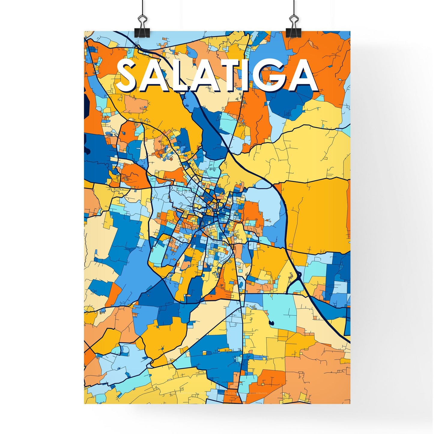 SALATIGA INDONESIA Vibrant Colorful Art Map Poster Blue Orange