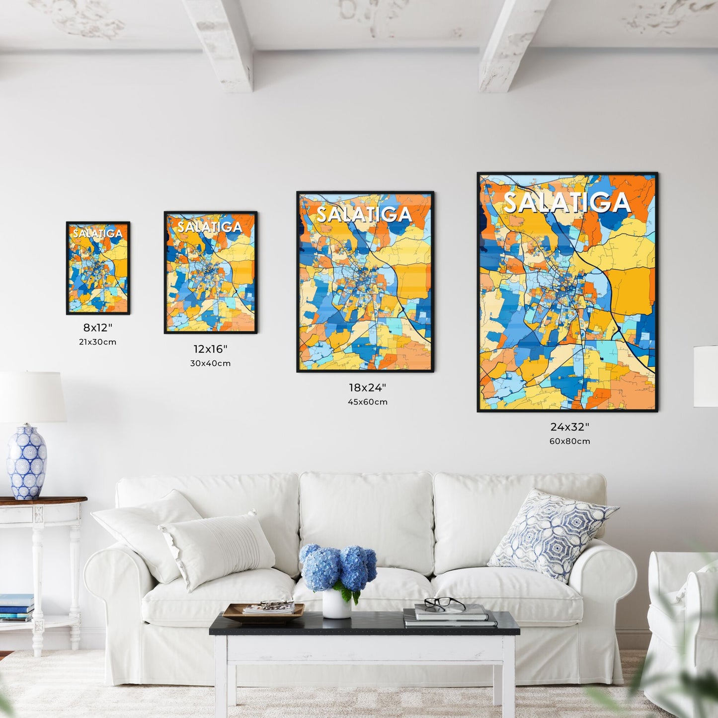 SALATIGA INDONESIA Vibrant Colorful Art Map Poster Blue Orange