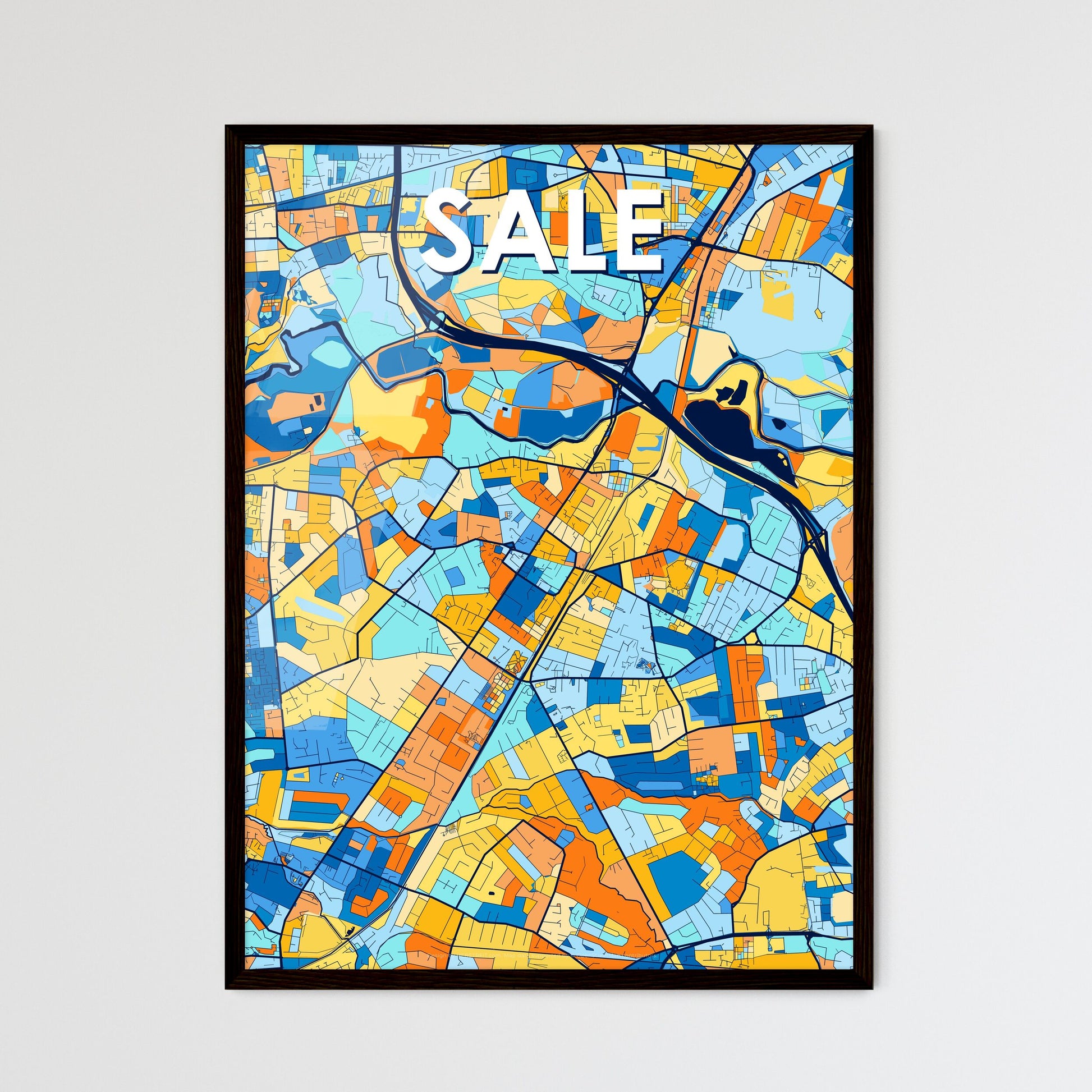 SALE ENGLAND Vibrant Colorful Art Map Poster Blue Orange