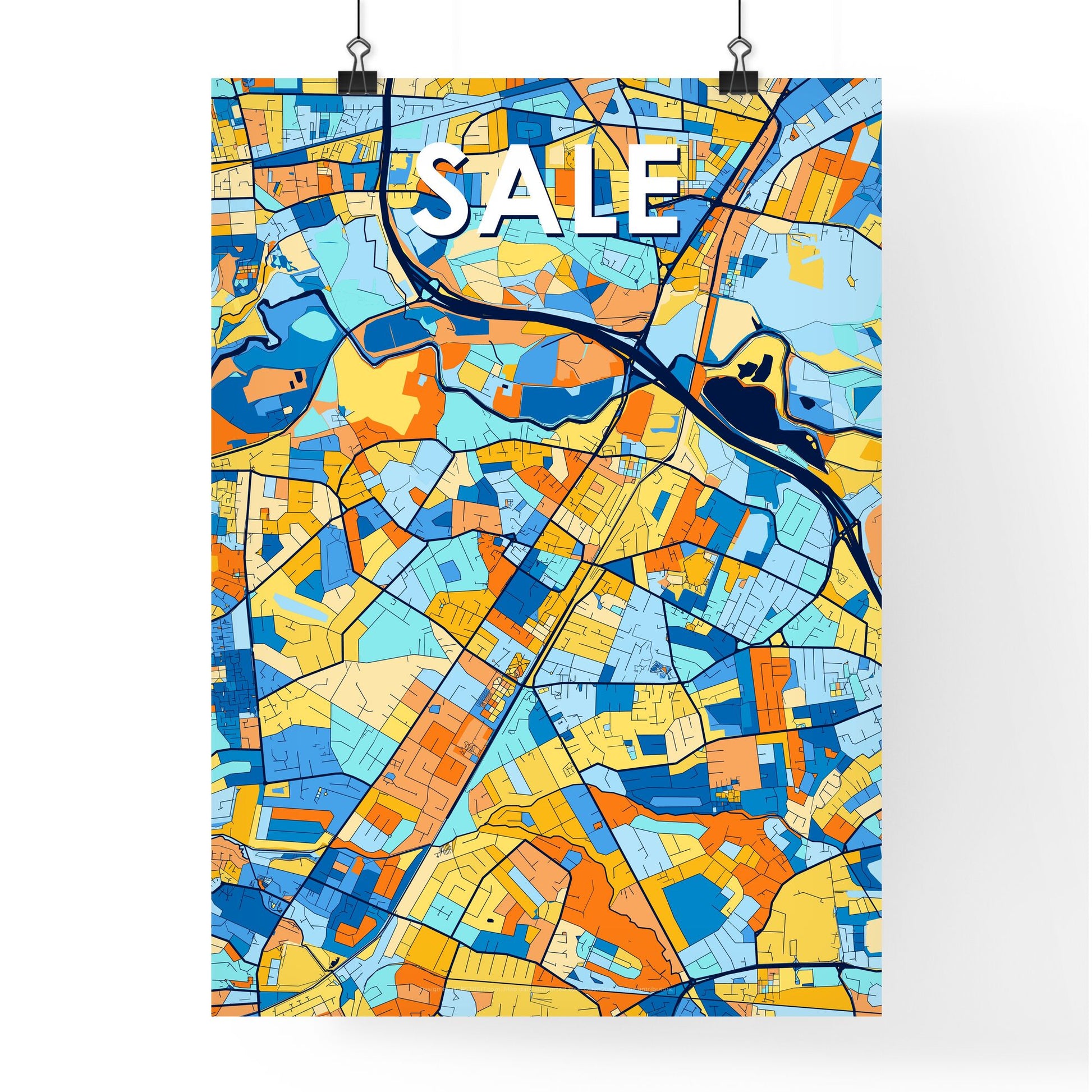 SALE ENGLAND Vibrant Colorful Art Map Poster Blue Orange