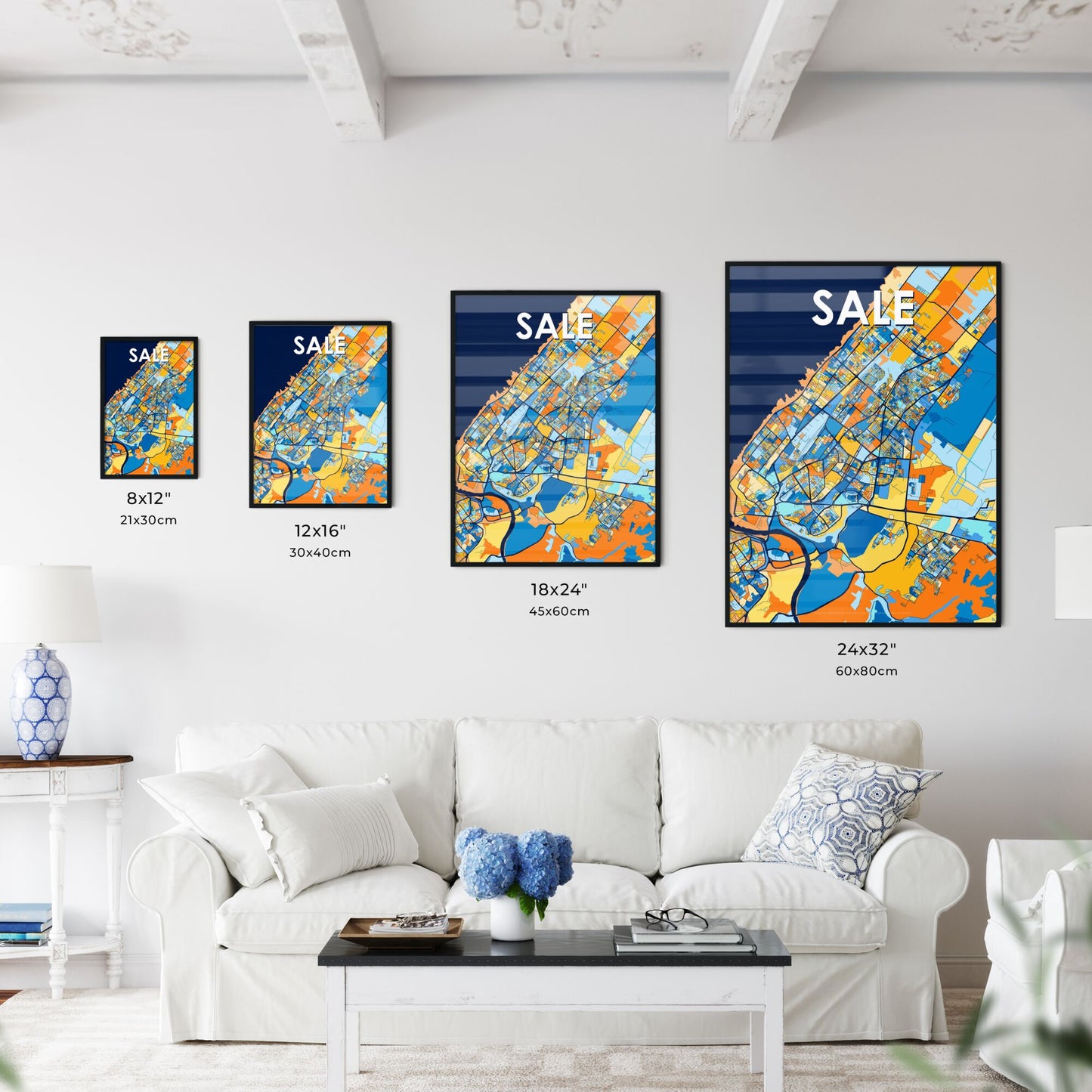 SALE MOROCCO Vibrant Colorful Art Map Poster Blue Orange