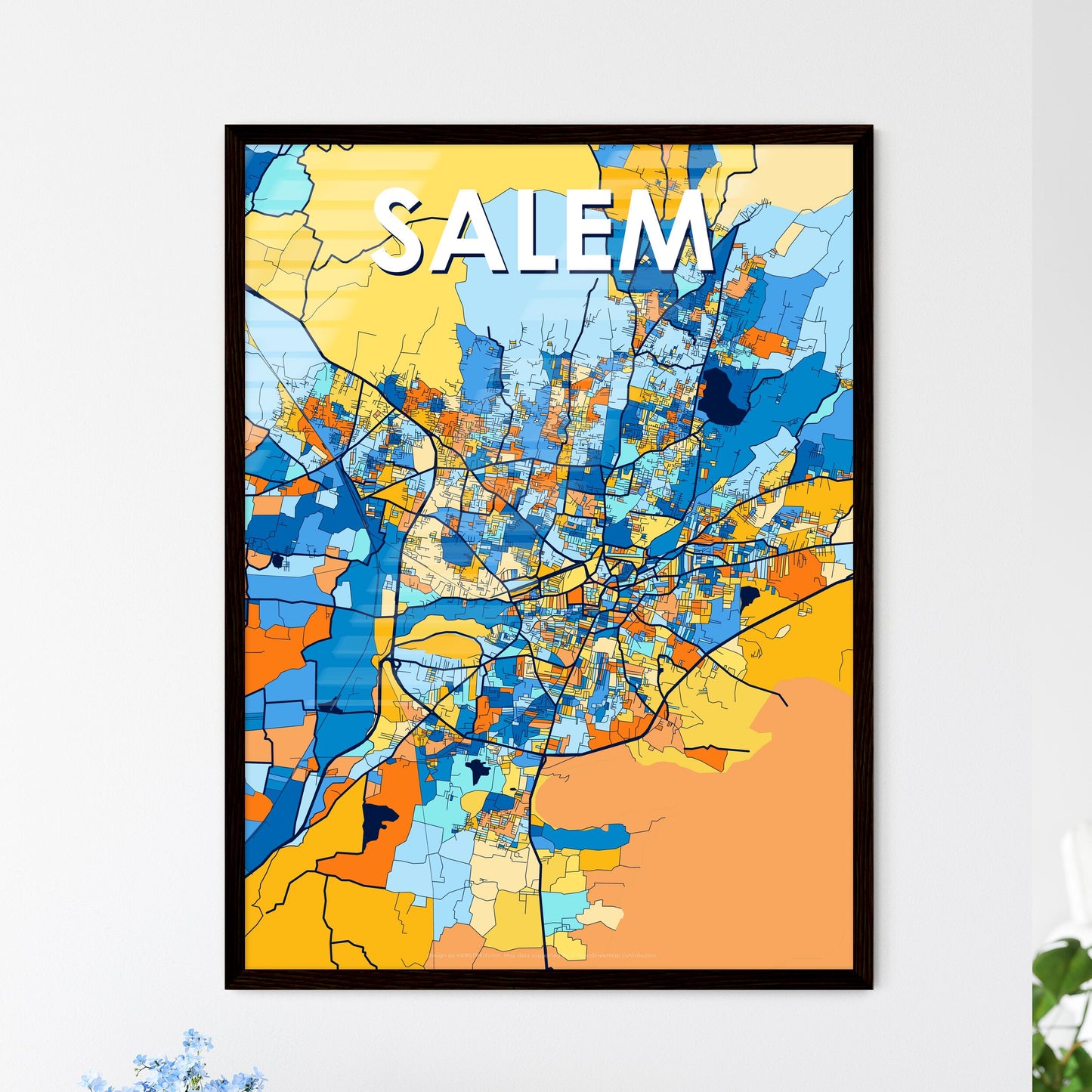 SALEM INDIA Vibrant Colorful Art Map Poster Blue Orange