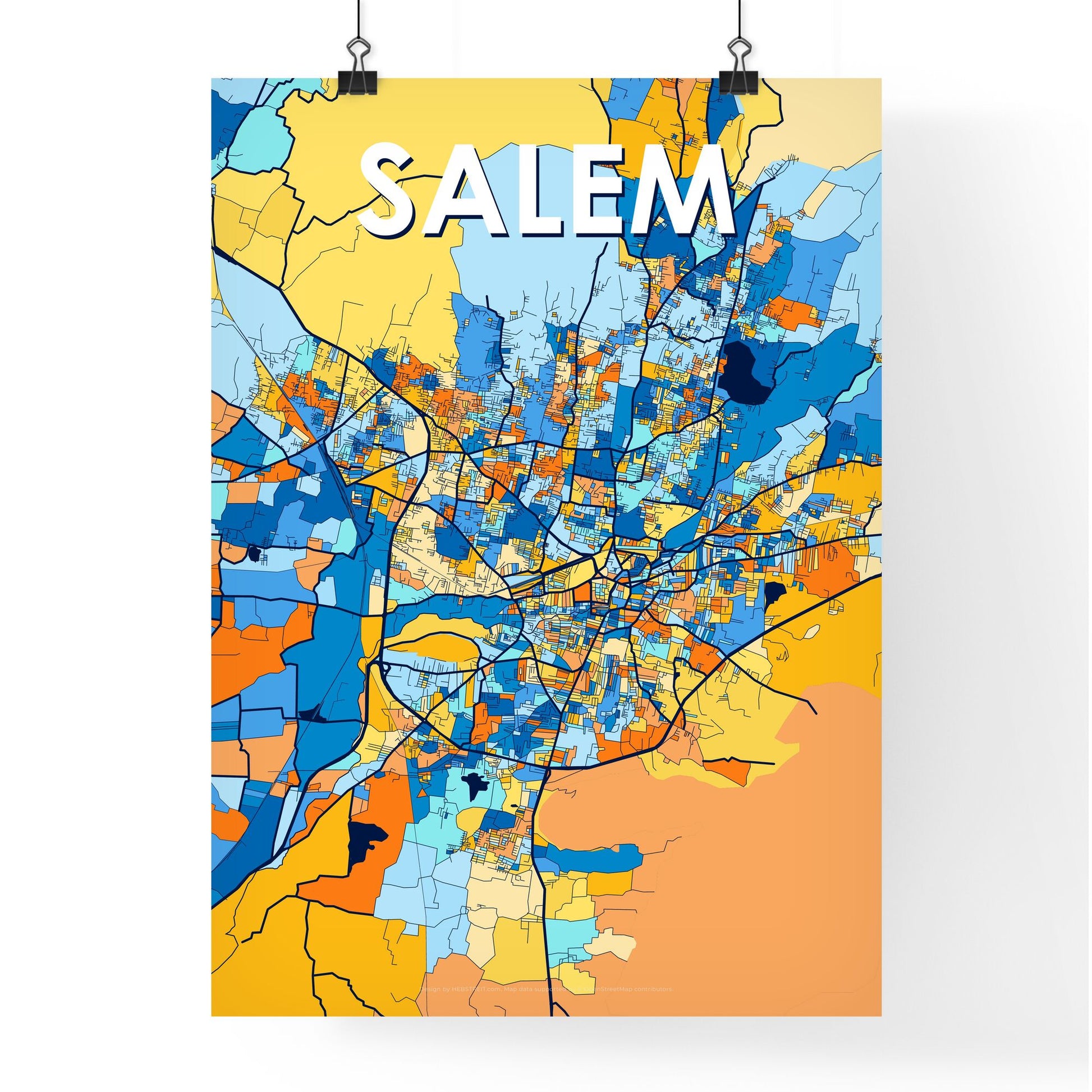 SALEM INDIA Vibrant Colorful Art Map Poster Blue Orange