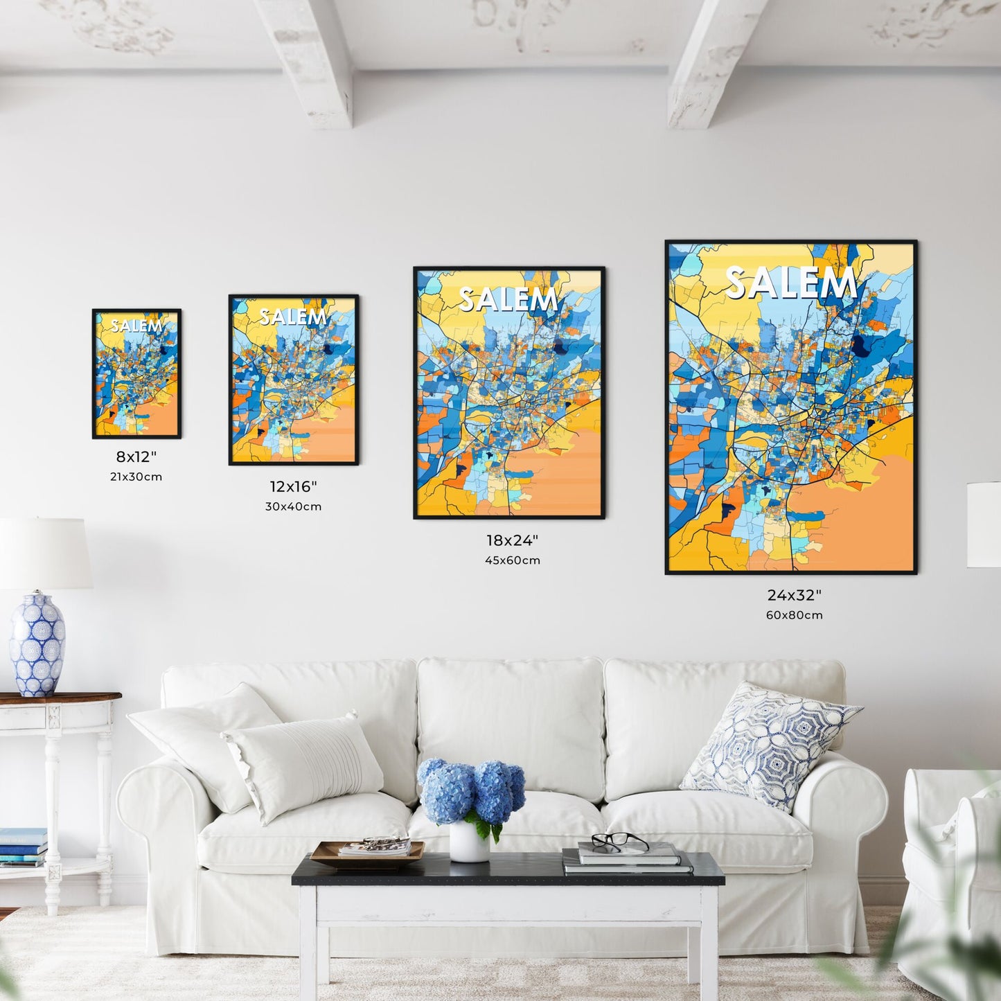 SALEM INDIA Vibrant Colorful Art Map Poster Blue Orange