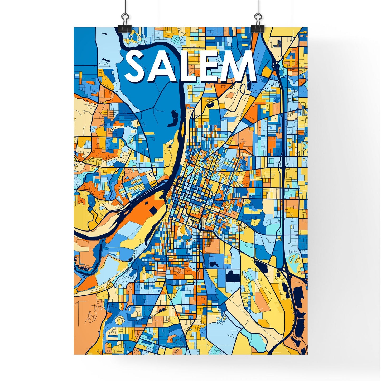 SALEM OREGON Vibrant Colorful Art Map Poster Blue Orange