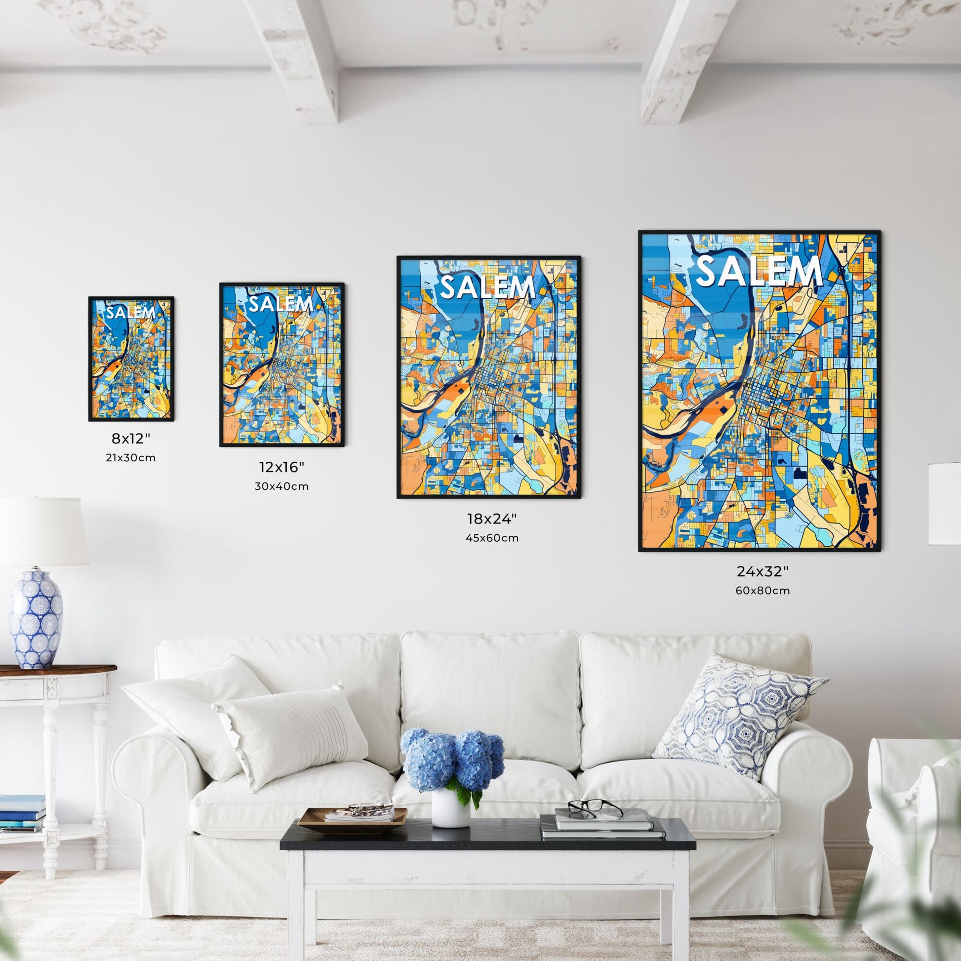 SALEM OREGON Vibrant Colorful Art Map Poster Blue Orange