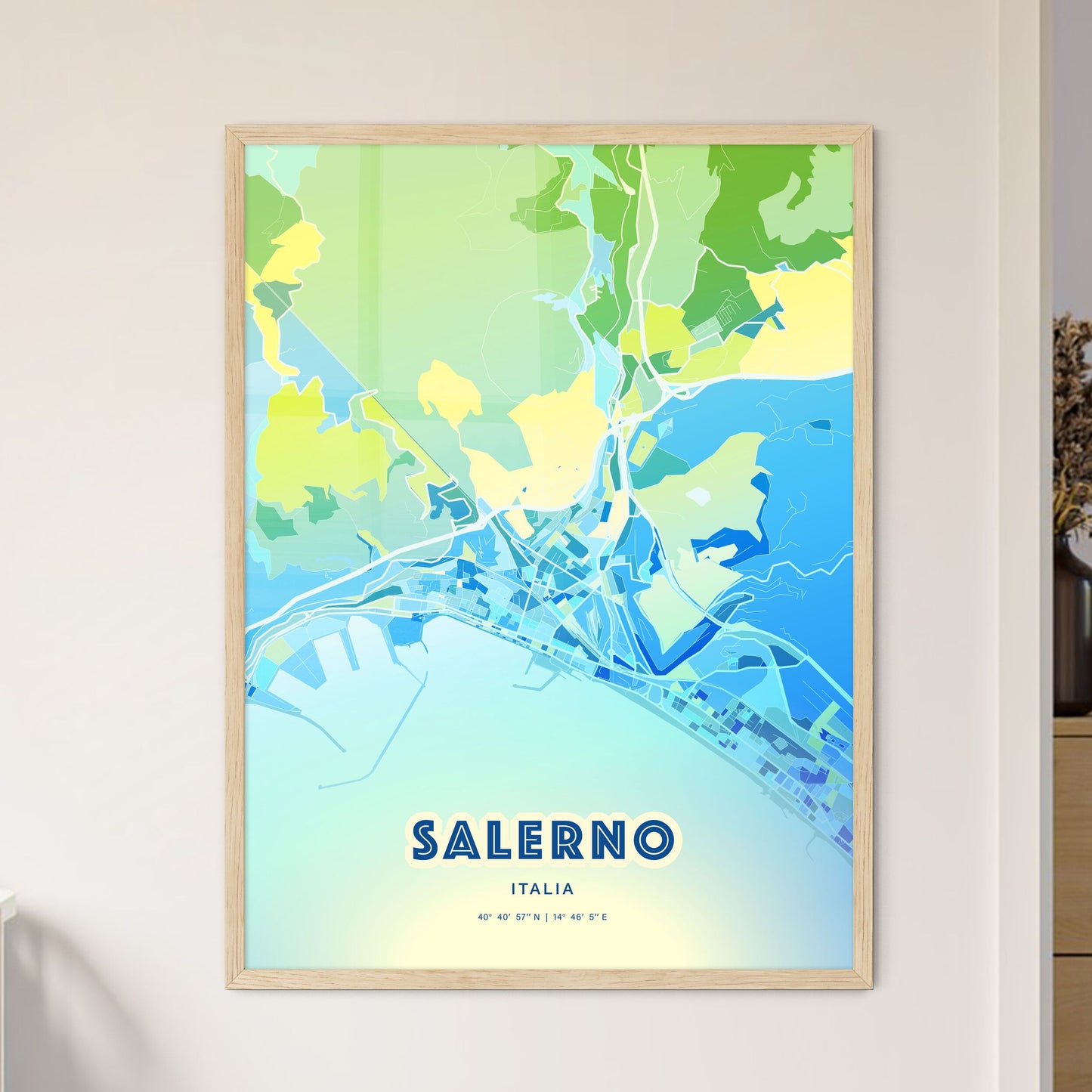 Colorful Salerno Italy Fine Art Map Cool Blue
