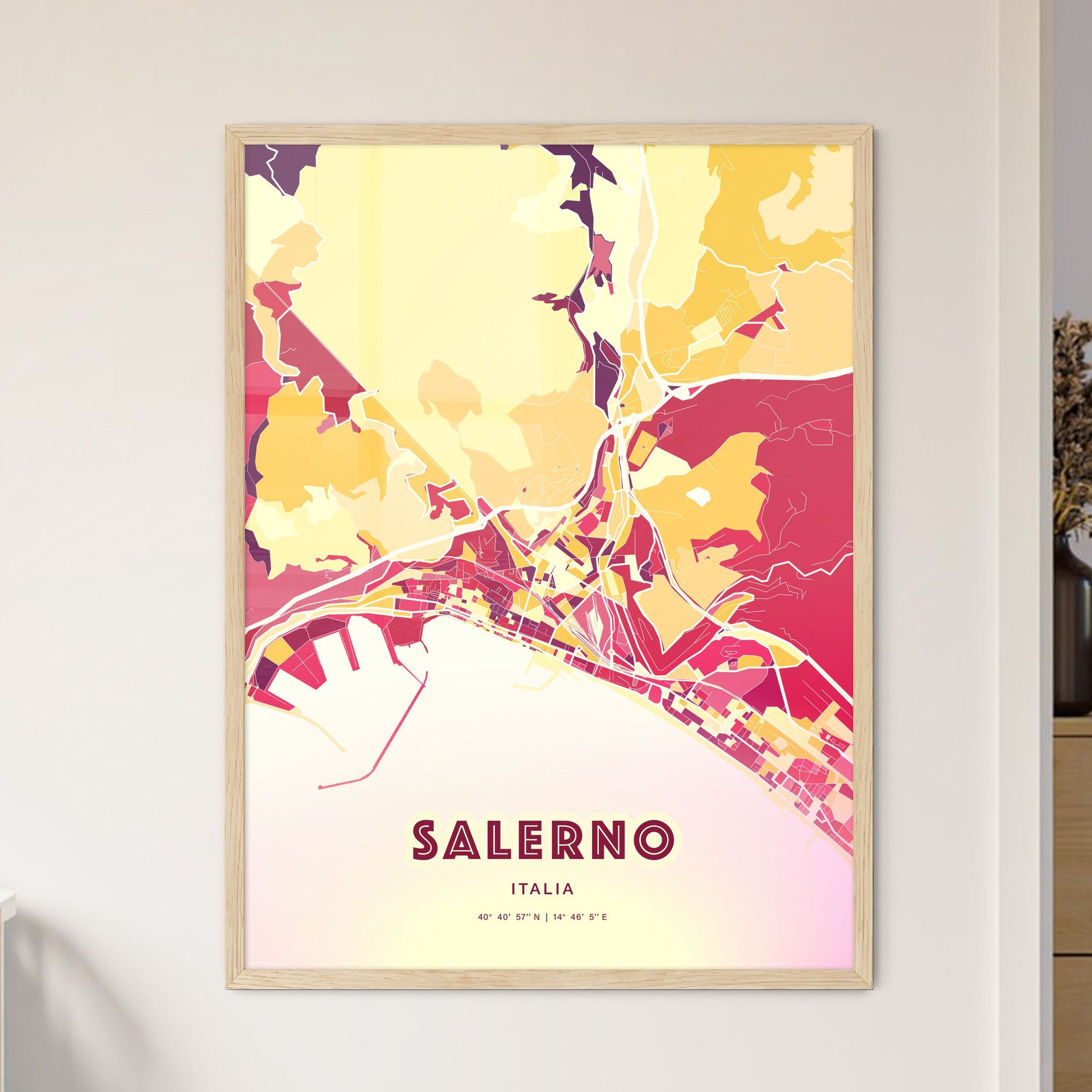 Colorful Salerno Italy Fine Art Map Hot Red