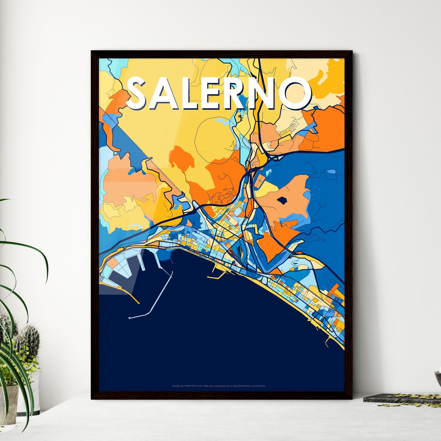 SALERNO ITALY Vibrant Colorful Art Map Poster Blue Orange