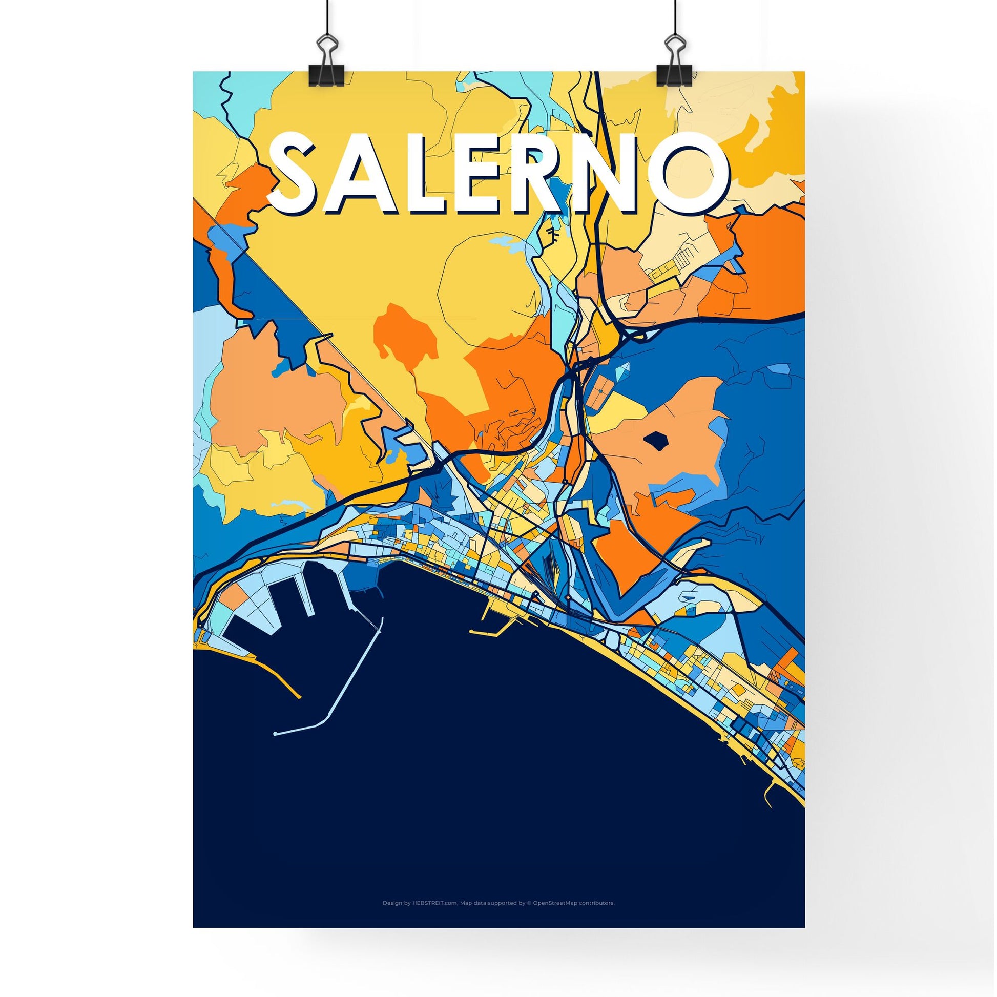 SALERNO ITALY Vibrant Colorful Art Map Poster Blue Orange