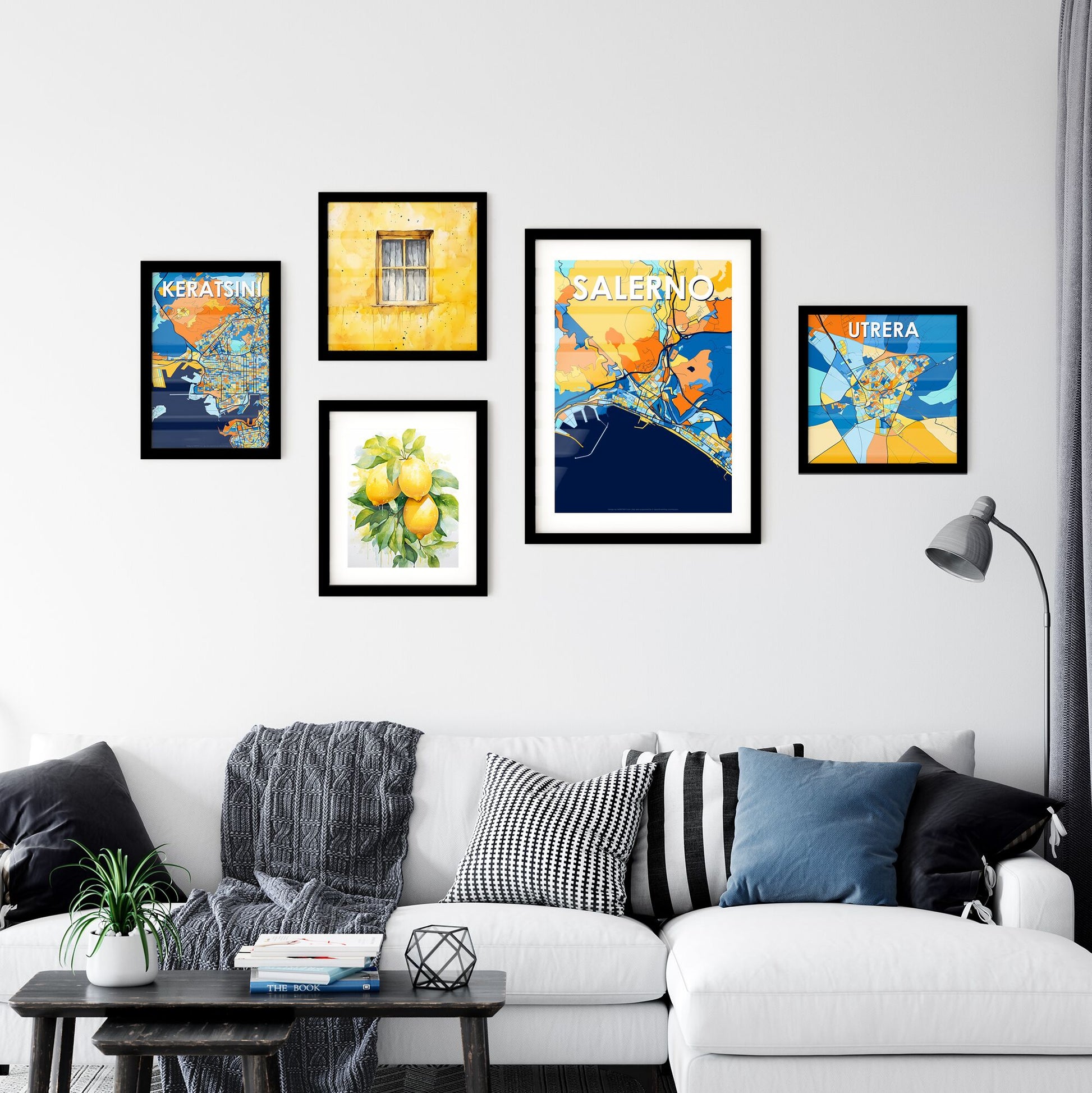 SALERNO ITALY Vibrant Colorful Art Map Poster Blue Orange