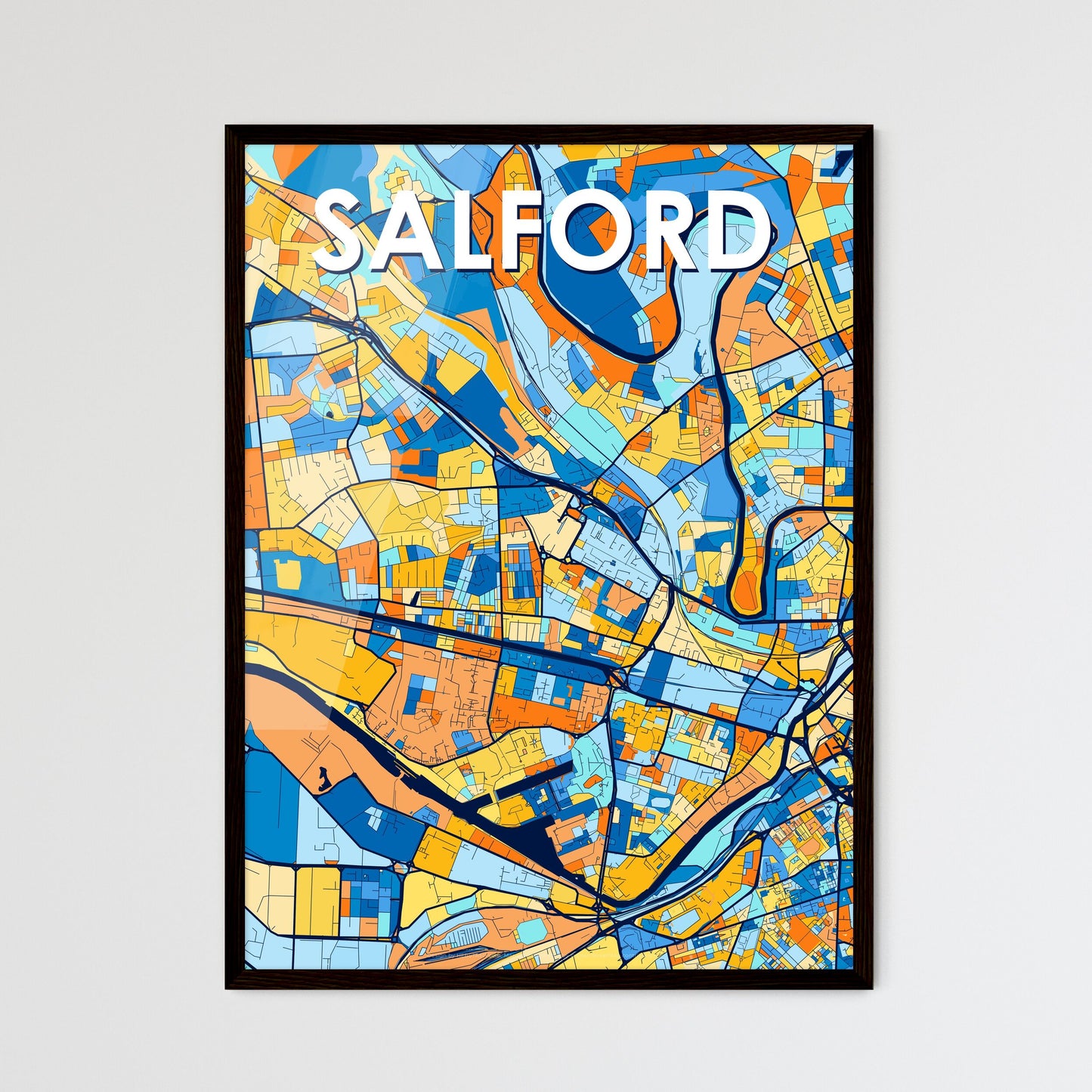 SALFORD ENGLAND Vibrant Colorful Art Map Poster Blue Orange