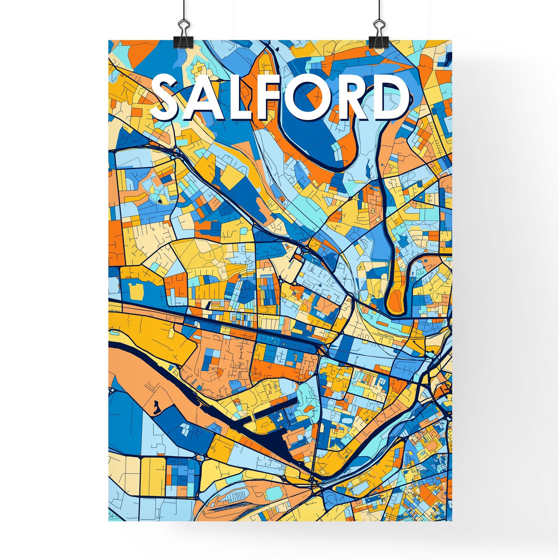 SALFORD ENGLAND Vibrant Colorful Art Map Poster Blue Orange