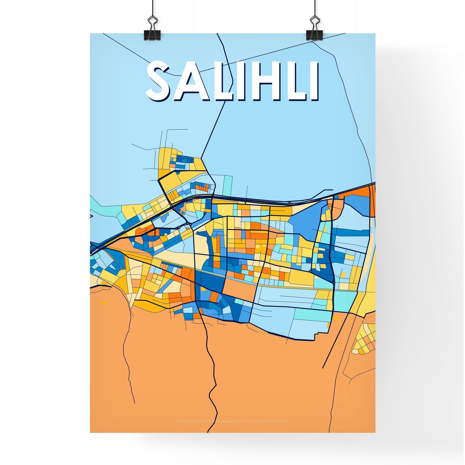 SALIHLI TURKEY Vibrant Colorful Art Map Poster Blue Orange