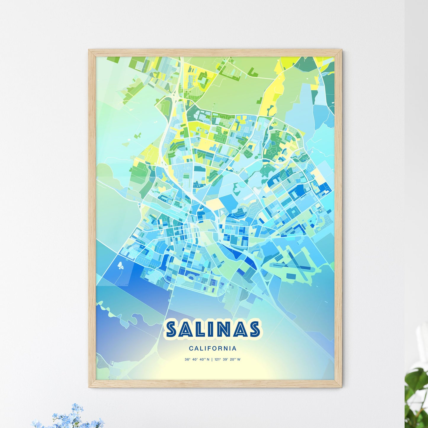 Colorful Salinas California Fine Art Map Cool Blue