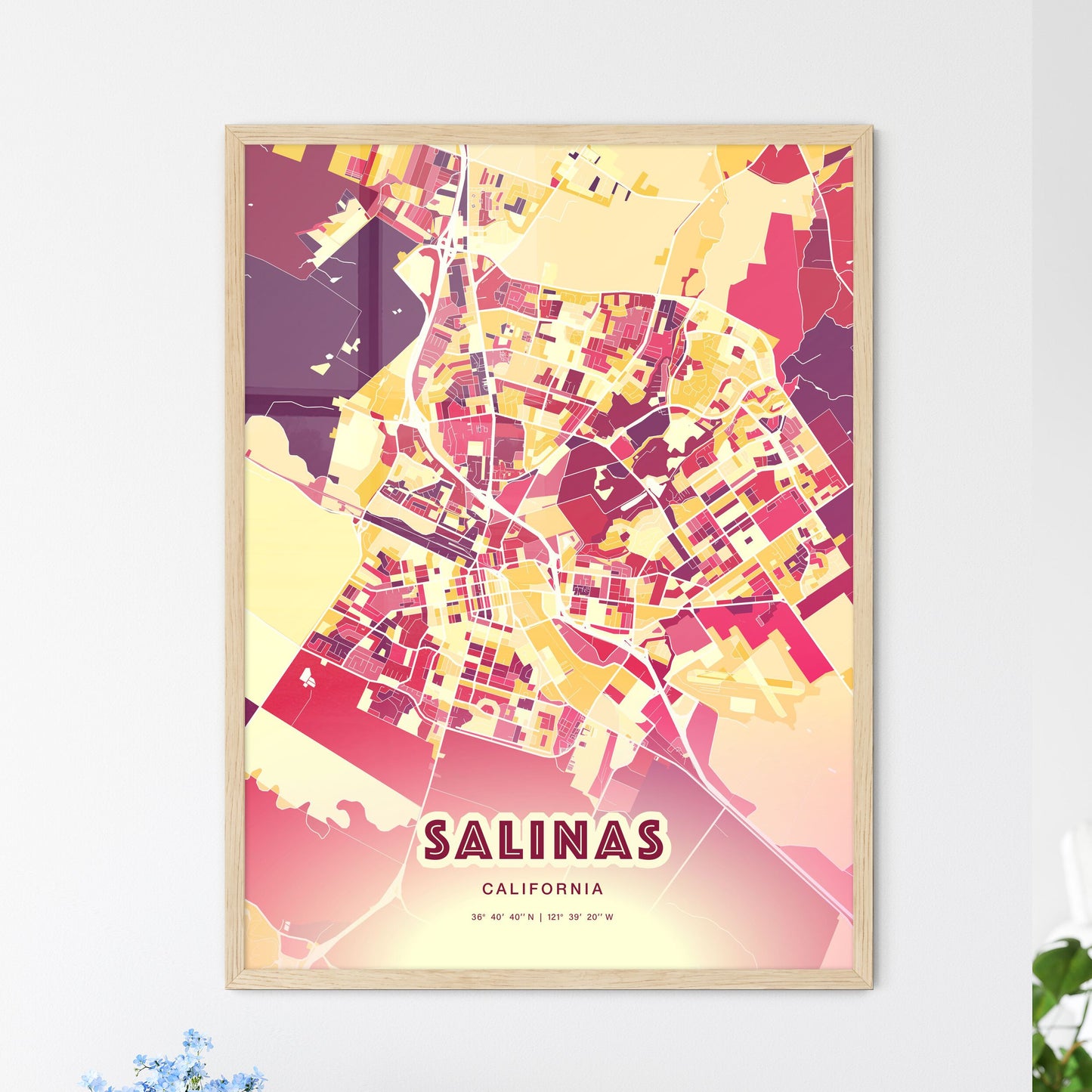 Colorful Salinas California Fine Art Map Hot Red