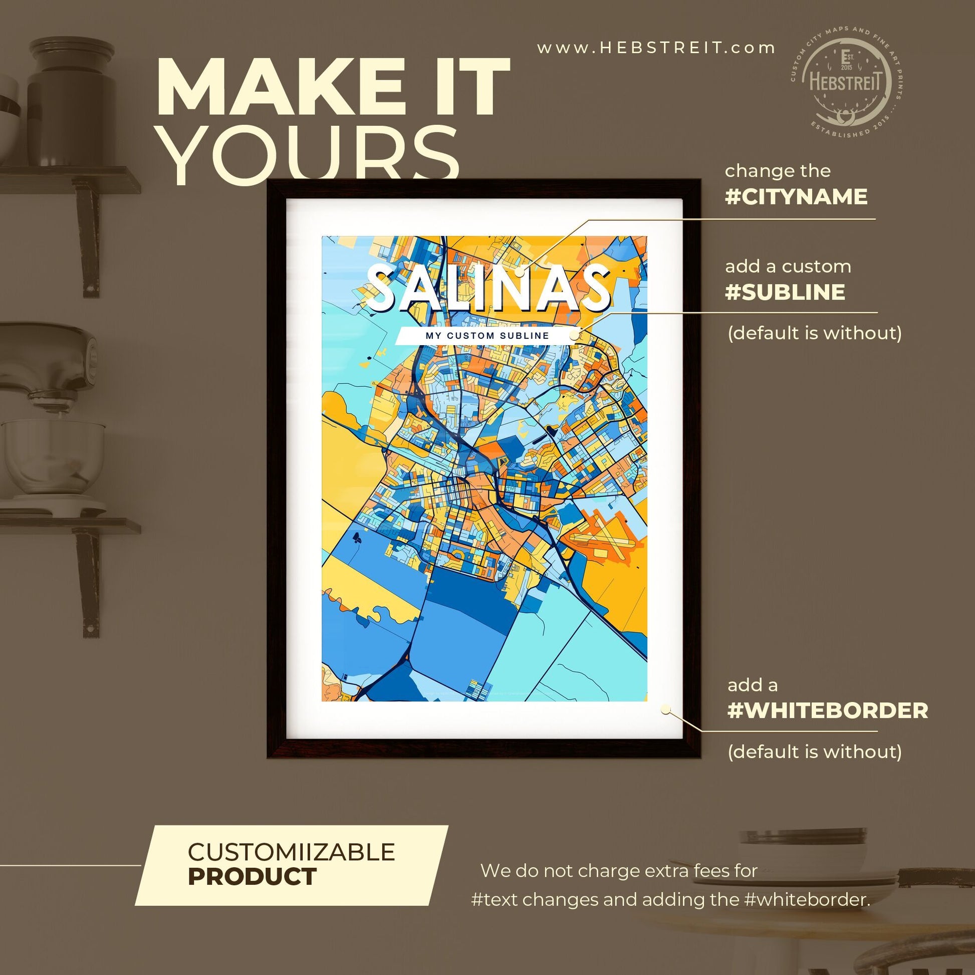 SALINAS CALIFORNIA Vibrant Colorful Art Map Poster Blue Orange