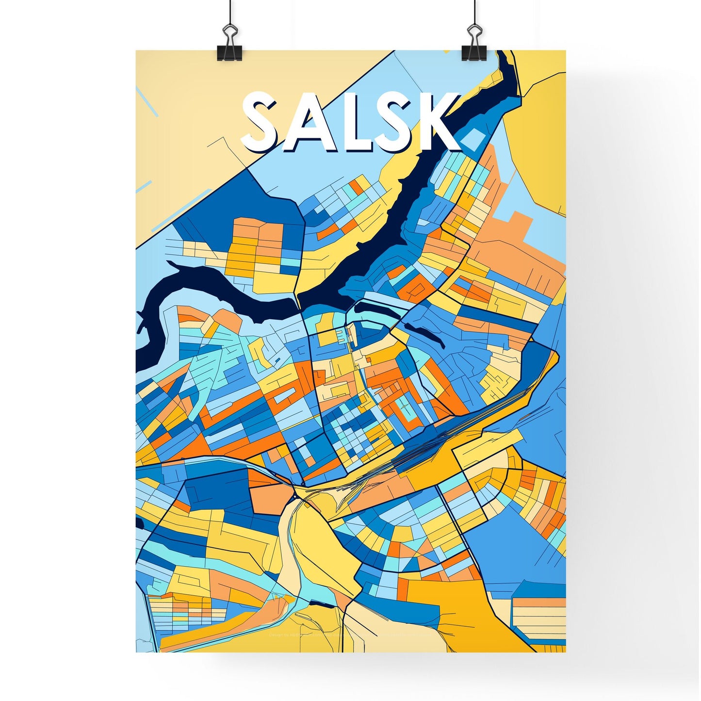 SALSK RUSSIA Vibrant Colorful Art Map Poster Blue Orange