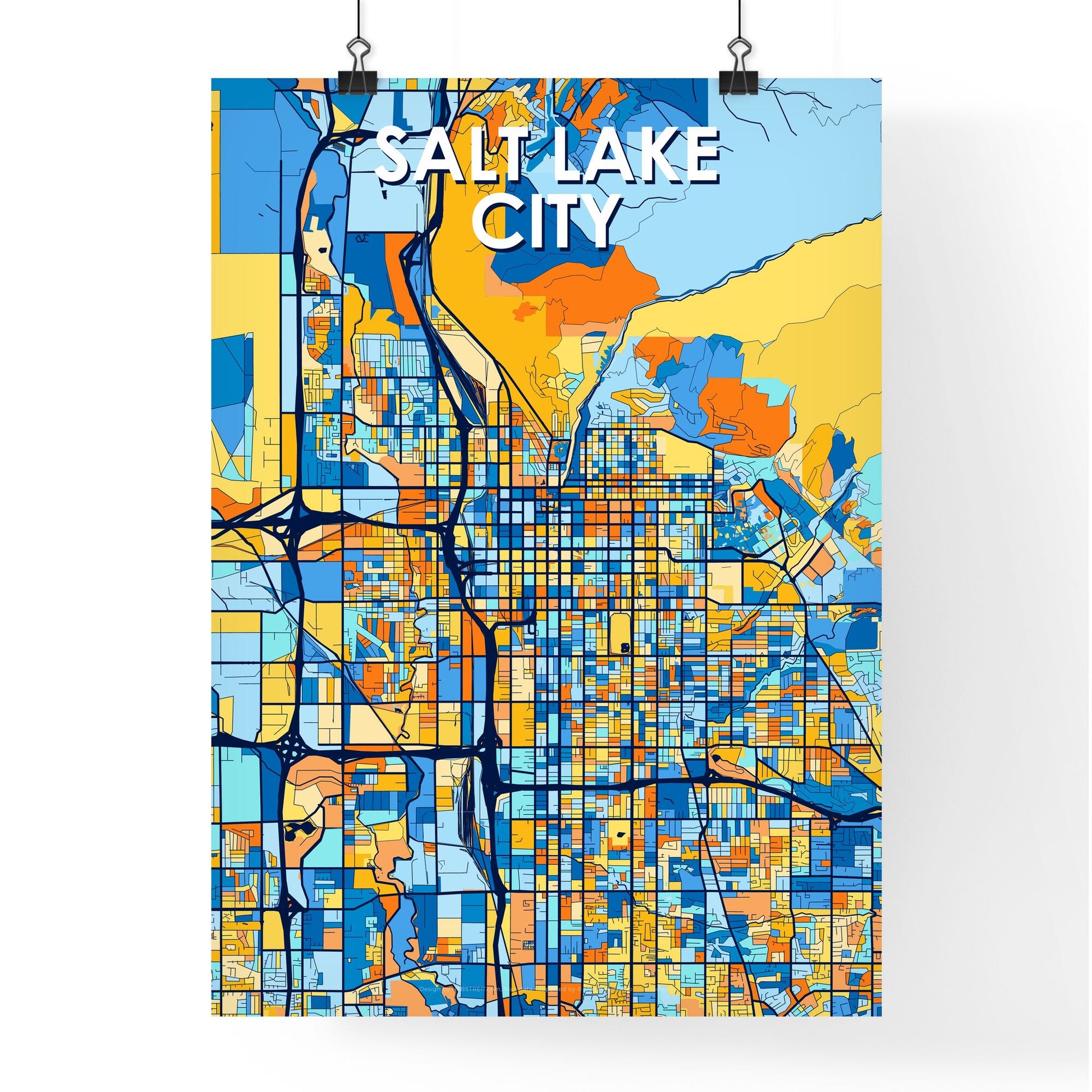 SALT LAKE CITY UTAH Vibrant Colorful Art Map Poster Blue Orange