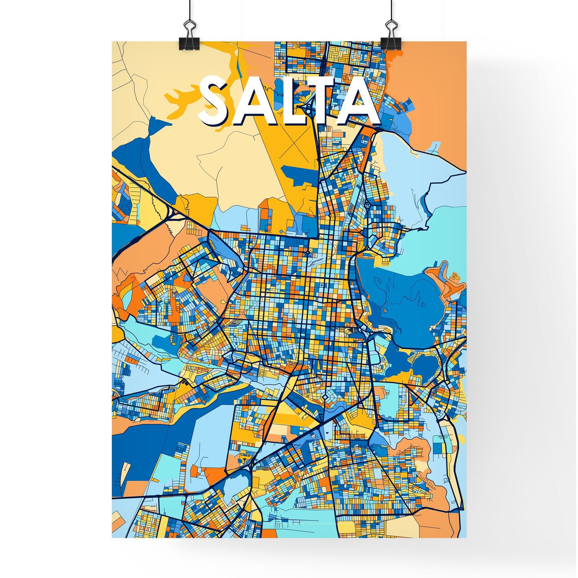 SALTA ARGENTINA Vibrant Colorful Art Map Poster Blue Orange