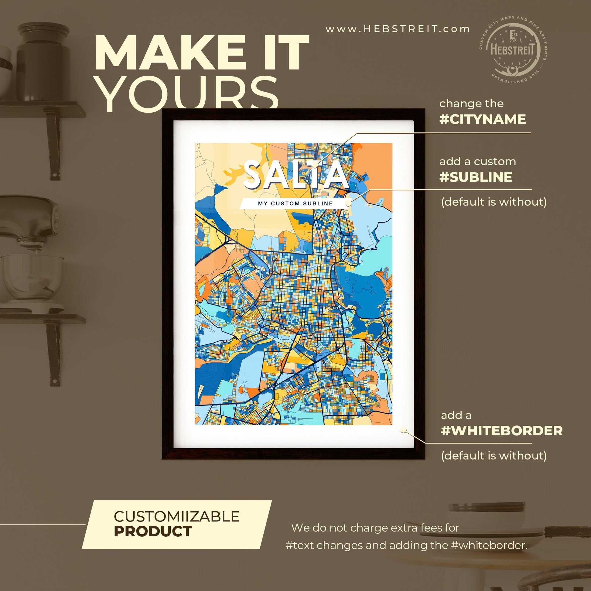 SALTA ARGENTINA Vibrant Colorful Art Map Poster Blue Orange