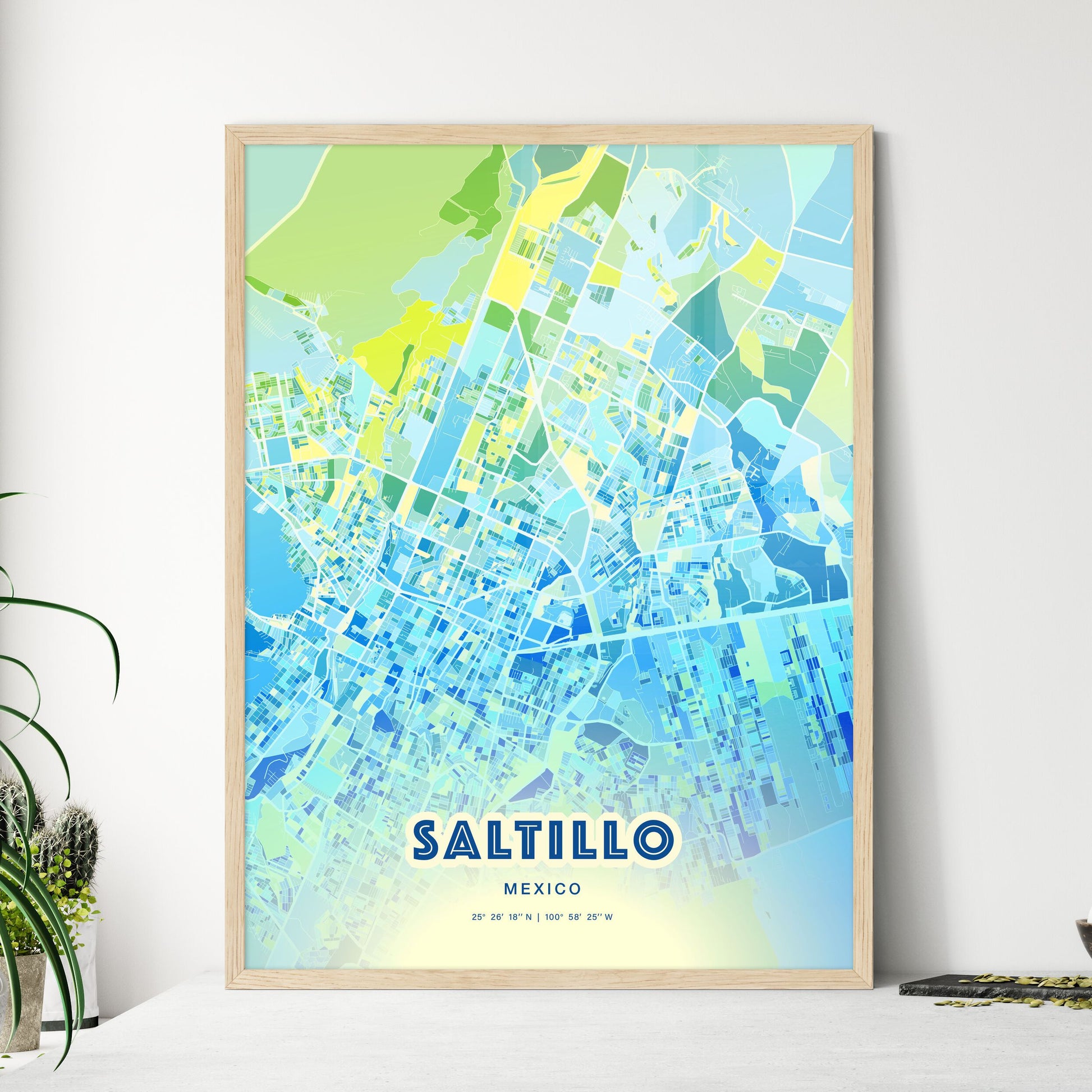 Colorful Saltillo Mexico Fine Art Map Cool Blue