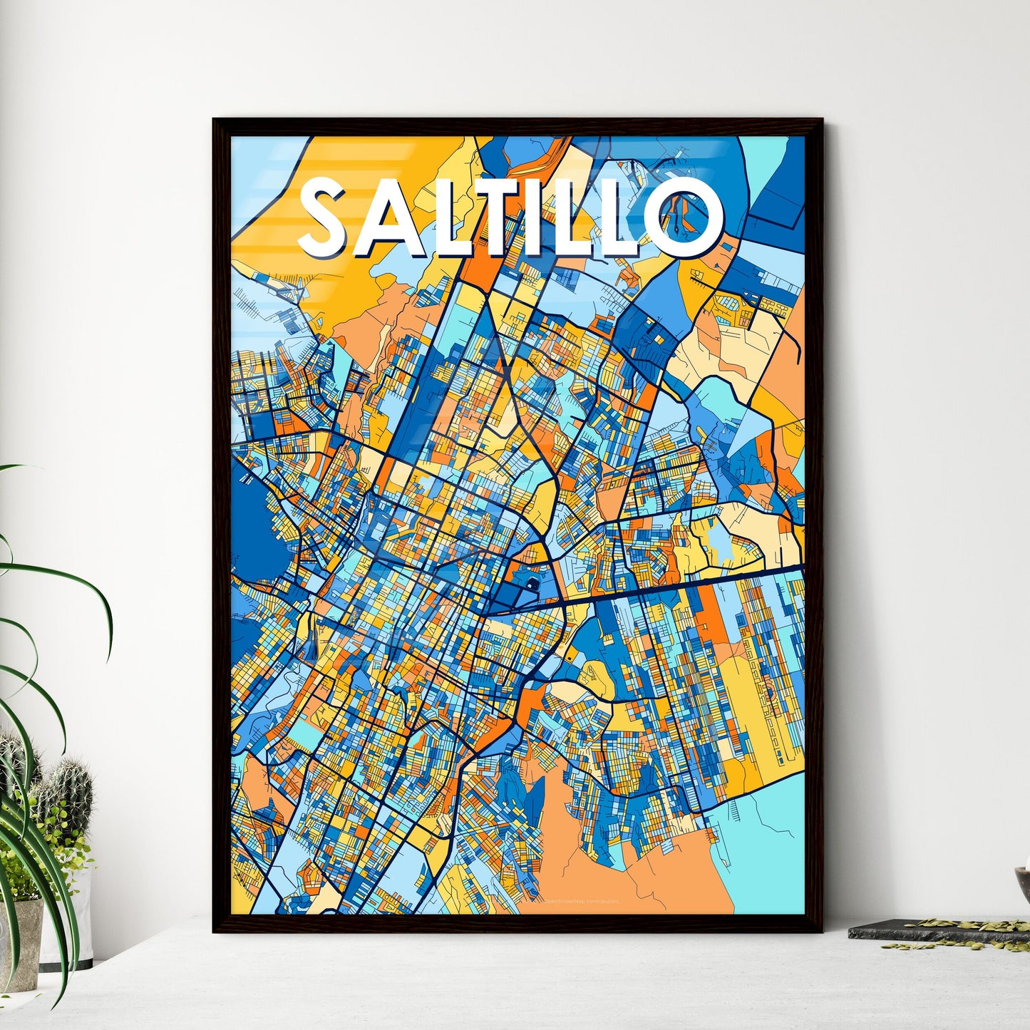 SALTILLO MEXICO Vibrant Colorful Art Map Poster Blue Orange