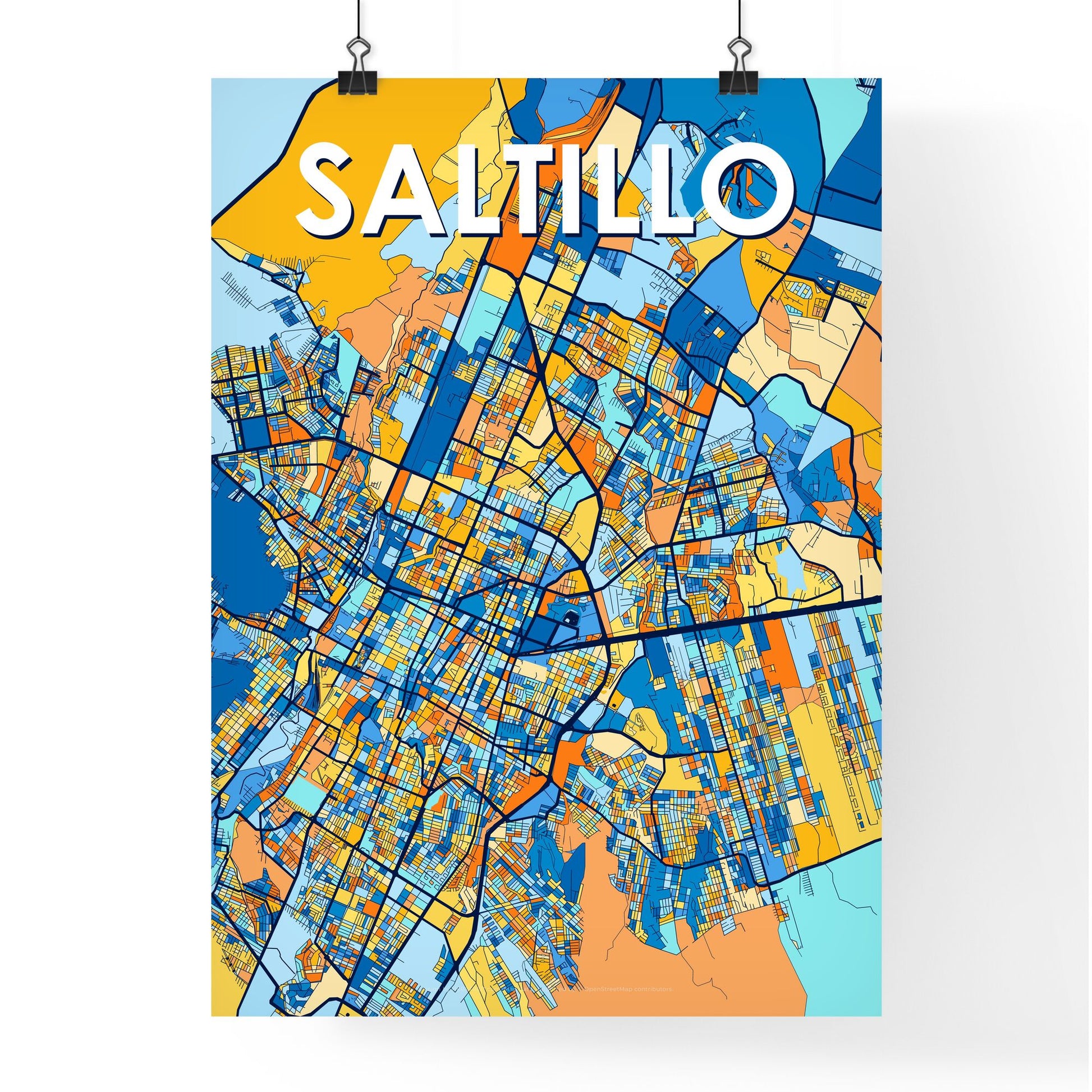 SALTILLO MEXICO Vibrant Colorful Art Map Poster Blue Orange