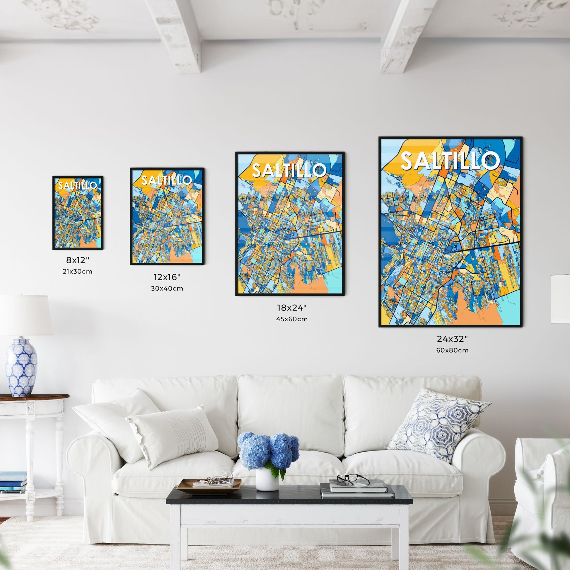 SALTILLO MEXICO Vibrant Colorful Art Map Poster Blue Orange