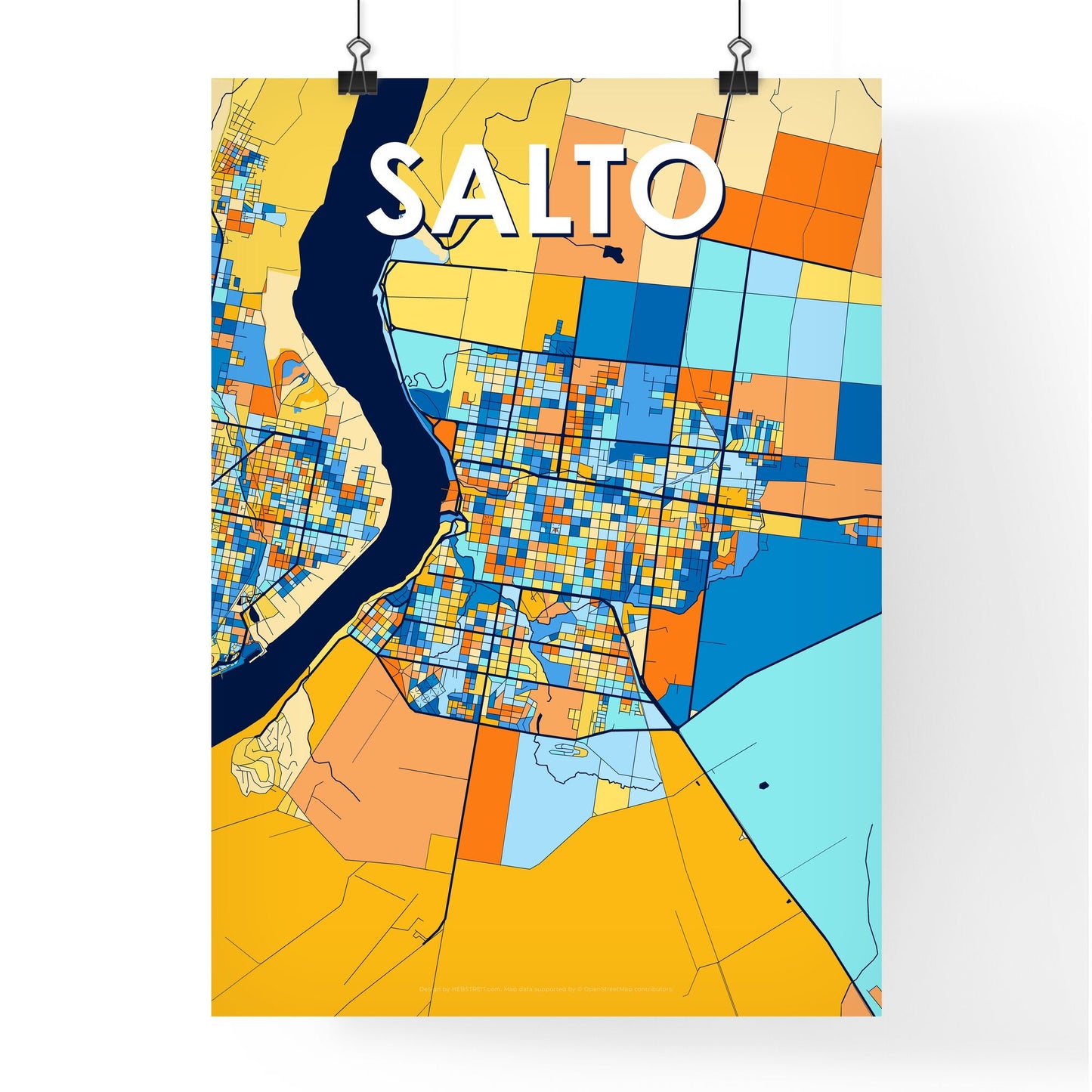 SALTO URUGUAY Vibrant Colorful Art Map Poster Blue Orange