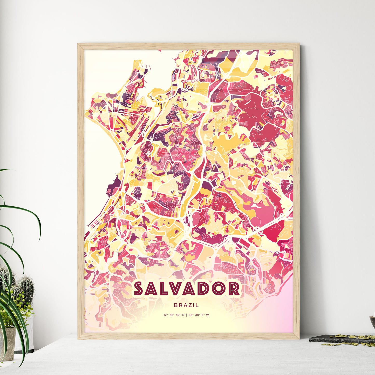 Colorful Salvador Brazil Fine Art Map Hot Red