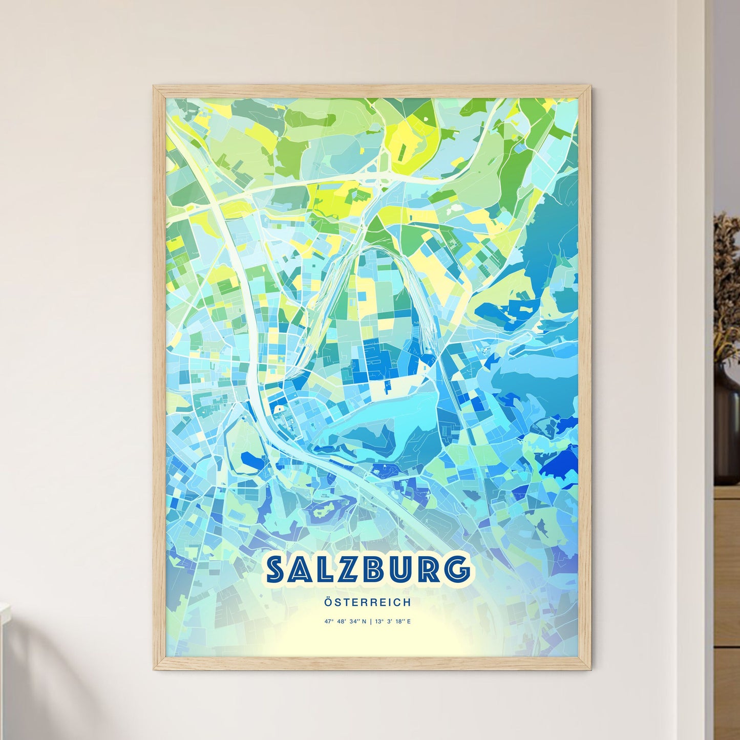 Colorful Salzburg Austria Fine Art Map Cool Blue