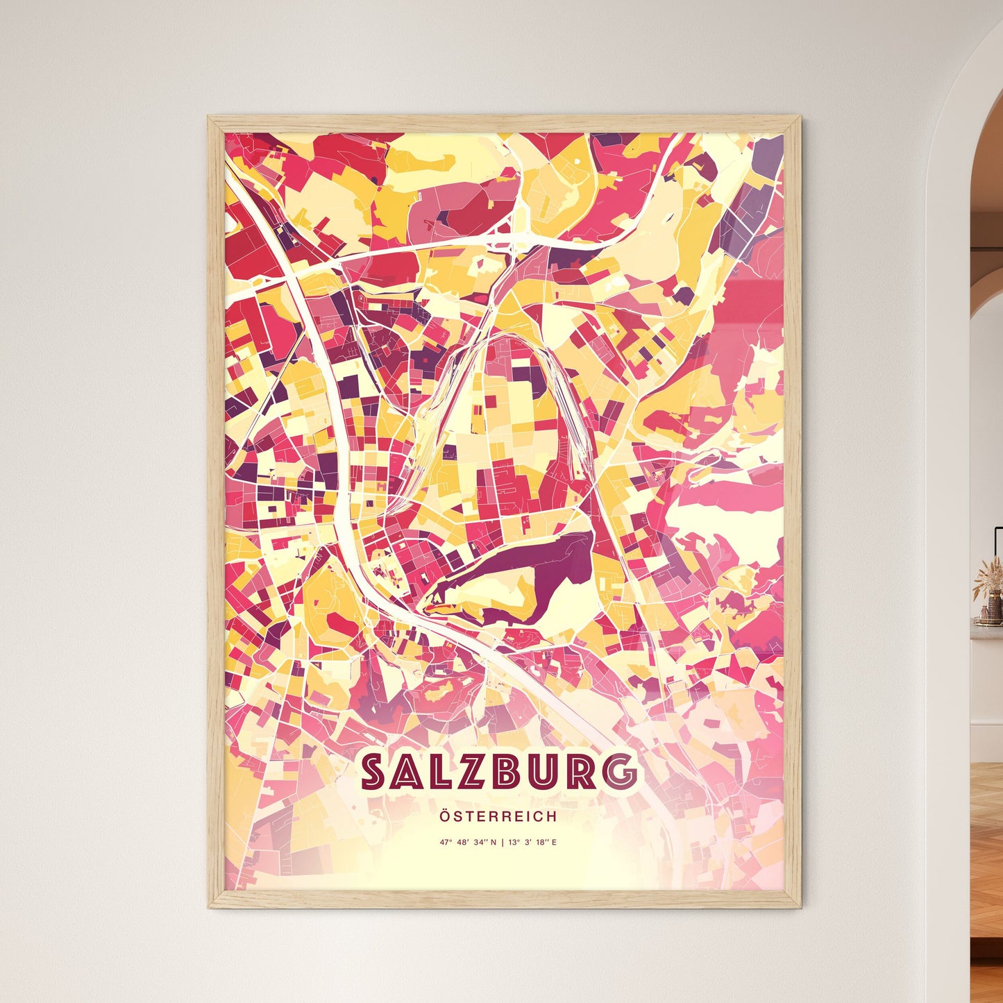 Colorful Salzburg Austria Fine Art Map Hot Red