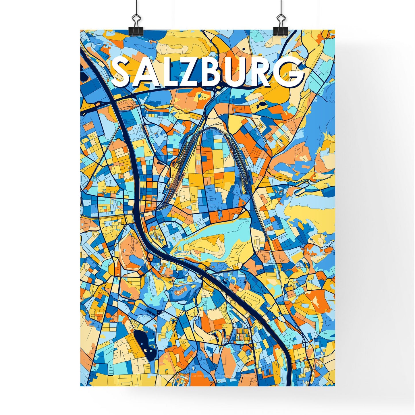 SALZBURG AUSTRIA Vibrant Colorful Art Map Poster Blue Orange