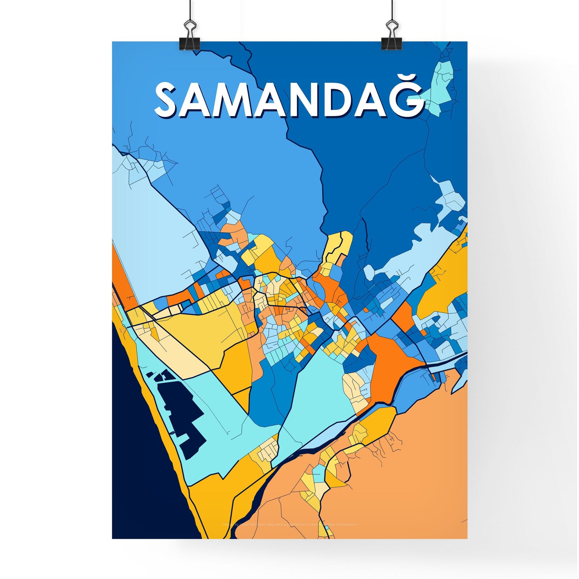 SAMANDAĞ TURKEY Vibrant Colorful Art Map Poster Blue Orange