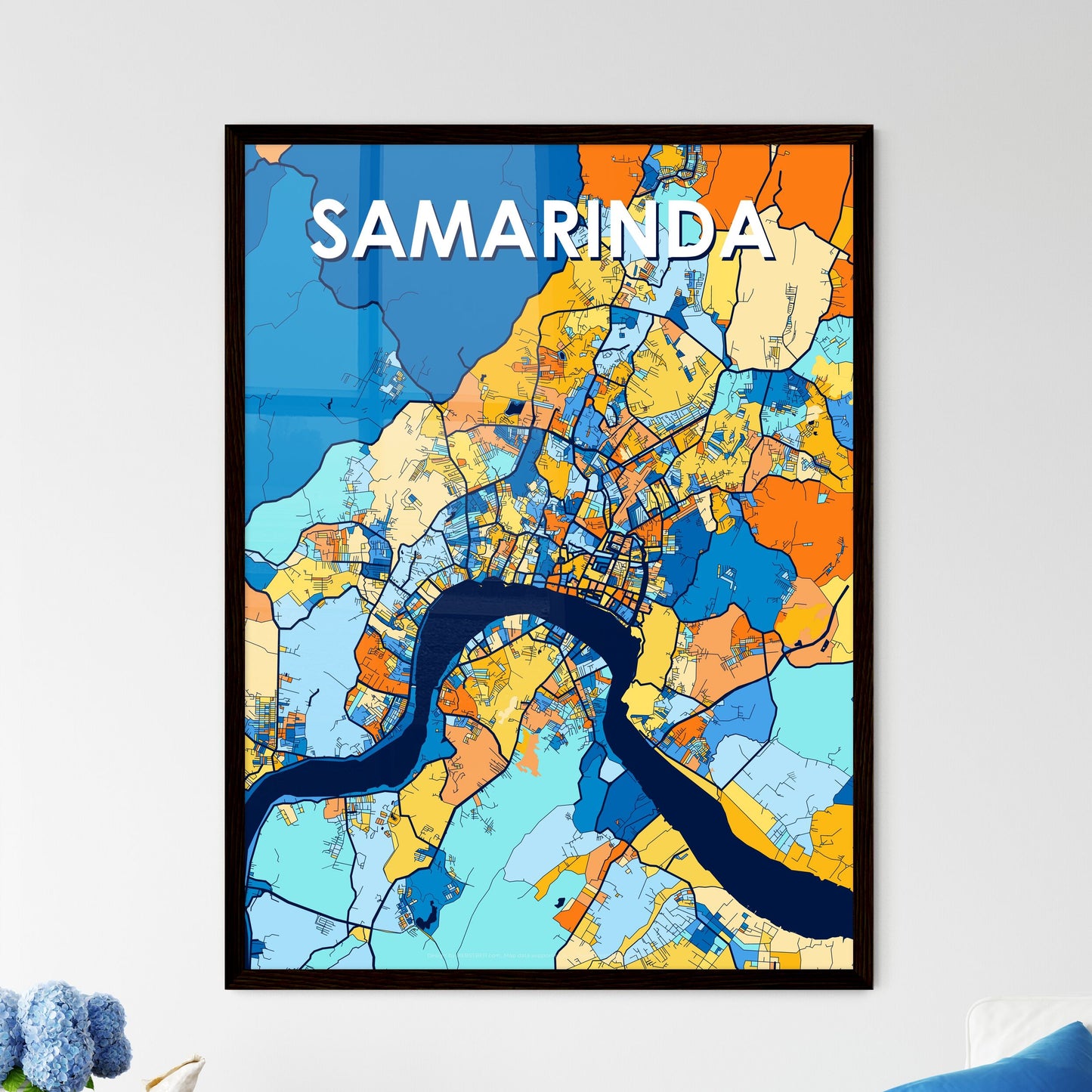 SAMARINDA INDONESIA Vibrant Colorful Art Map Poster Blue Orange