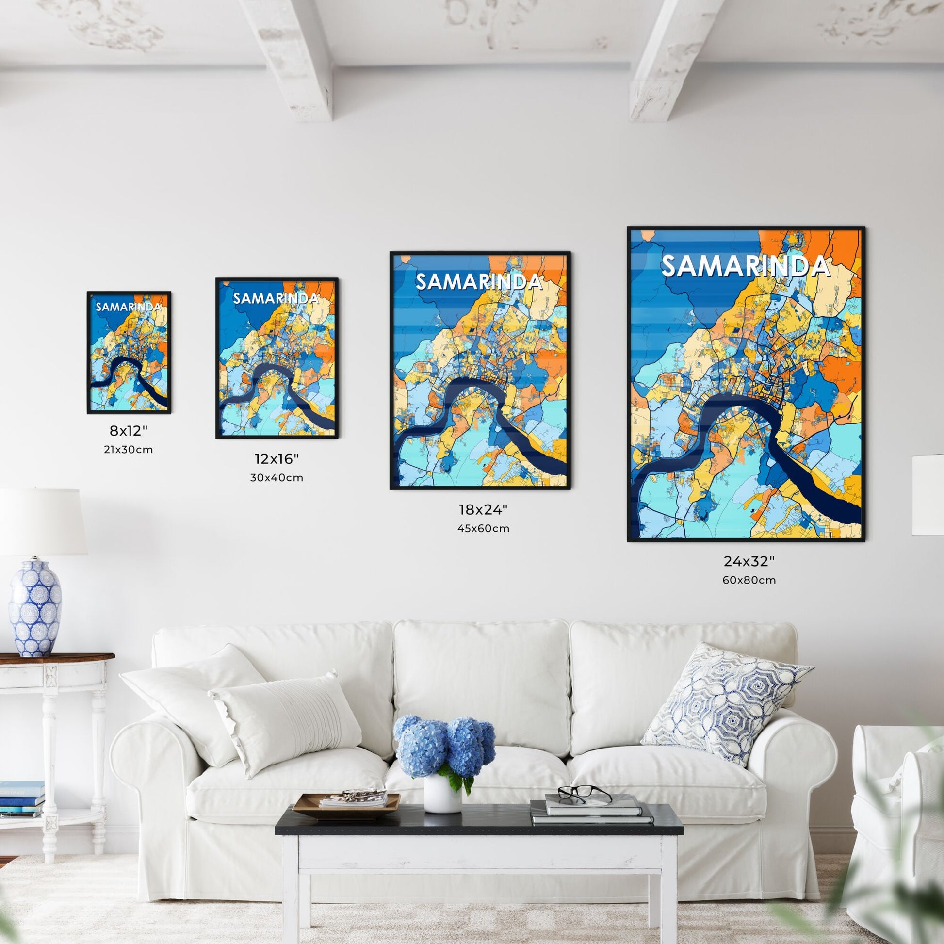 SAMARINDA INDONESIA Vibrant Colorful Art Map Poster Blue Orange