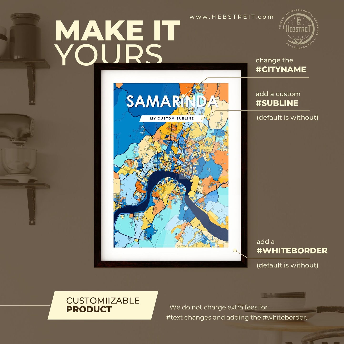 SAMARINDA INDONESIA Vibrant Colorful Art Map Poster Blue Orange