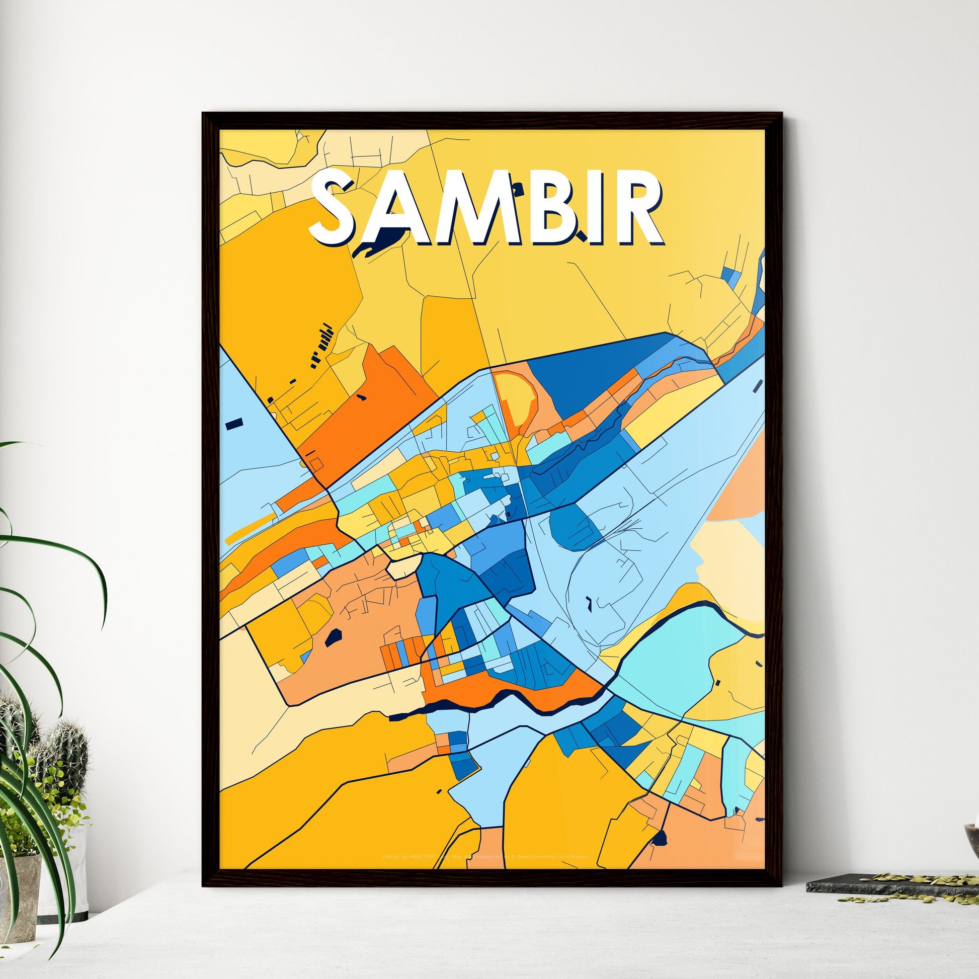 SAMBIR UKRAINE Vibrant Colorful Art Map Poster Blue Orange