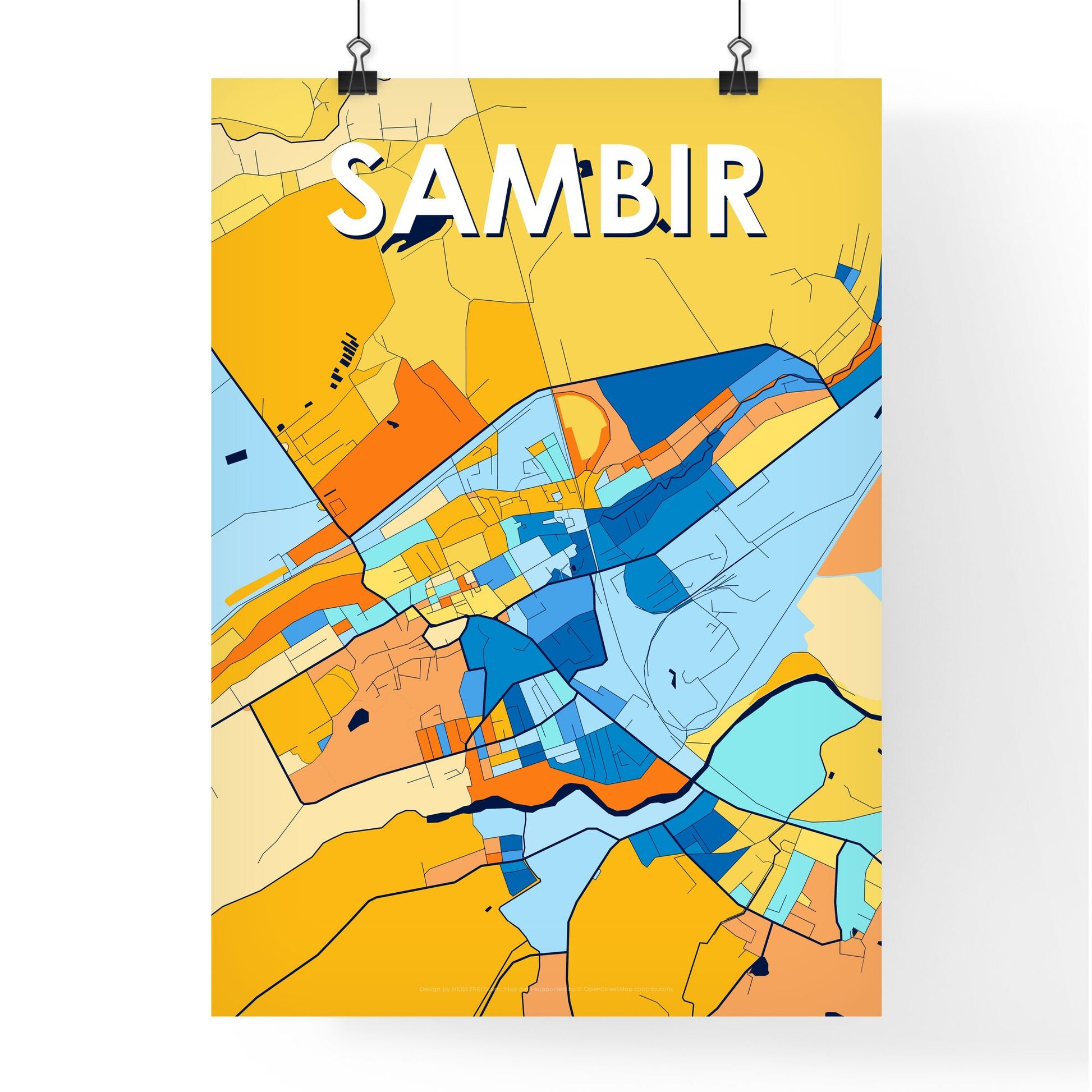 SAMBIR UKRAINE Vibrant Colorful Art Map Poster Blue Orange