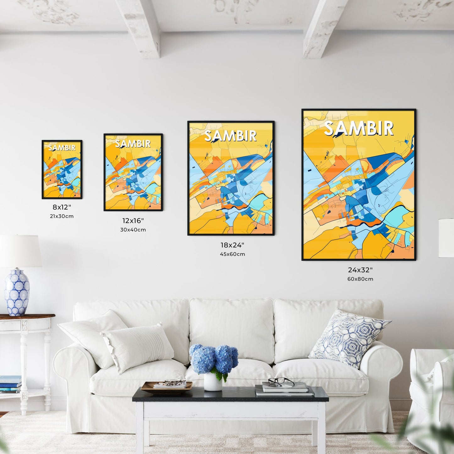 SAMBIR UKRAINE Vibrant Colorful Art Map Poster Blue Orange