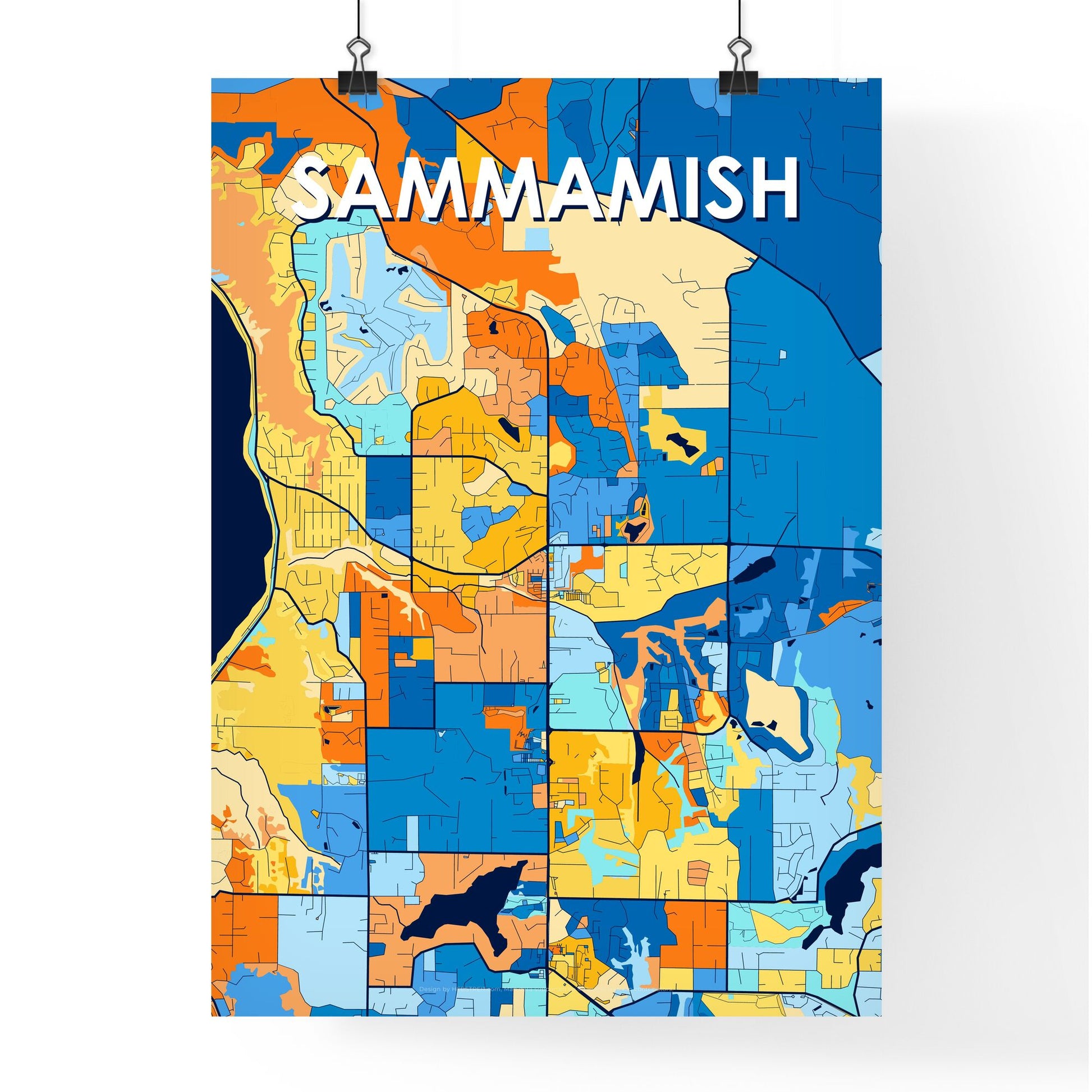 SAMMAMISH WASHINGTON Vibrant Colorful Art Map Poster Blue Orange